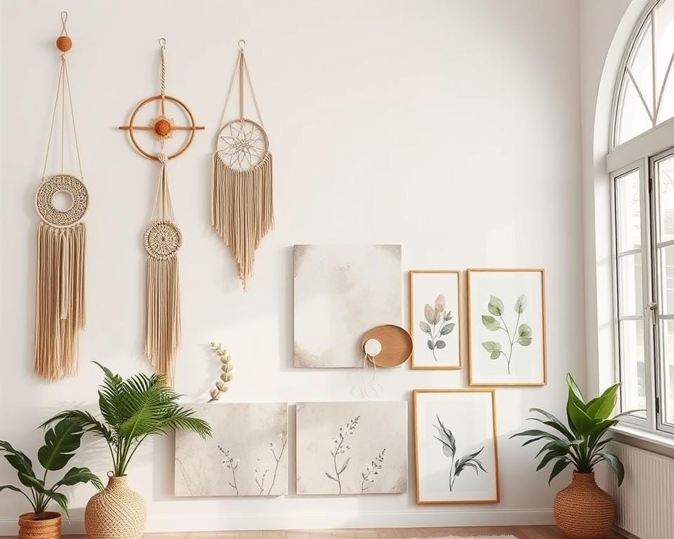 A beautifully-lit, minimalist interior with a gallery wall showcasing a variety of DIY wall hangings. In the foreground, natural-toned, handcrafted macrame pieces, dreamcatchers, and woven wall hangings in warm hues hang gracefully against a clean, white backdrop. The middle ground features subtly-textured, abstract canvas paintings and framed botanical prints, artfully arranged in a cohesive, visually-appealing layout. The background highlights a large, arched window allowing soft, diffused natural light to pour in, accentuating the organic, earthy tones and textures of the DIY wall art. The overall atmosphere is serene, elegant, and inviting, showcasing affordable, yet sophisticated home decor ideas. A beautifully-lit, minimalist interior with a gallery wall showcasing a variety of DIY wall hangings. In the foreground, natural-toned, handcrafted macrame pieces, dreamcatchers, and woven wall hangings in warm hues hang gracefully against a clean, white backdrop. The middle ground features subtly-textured, abstract canvas paintings and framed botanical prints, artfully arranged in a cohesive, visually-appealing layout. The background highlights a large, arched window allowing soft, diffused natural light to pour in, accentuating the organic, earthy tones and textures of the DIY wall art. The overall atmosphere is serene, elegant, and inviting, showcasing affordable, yet sophisticated home decor ideas.