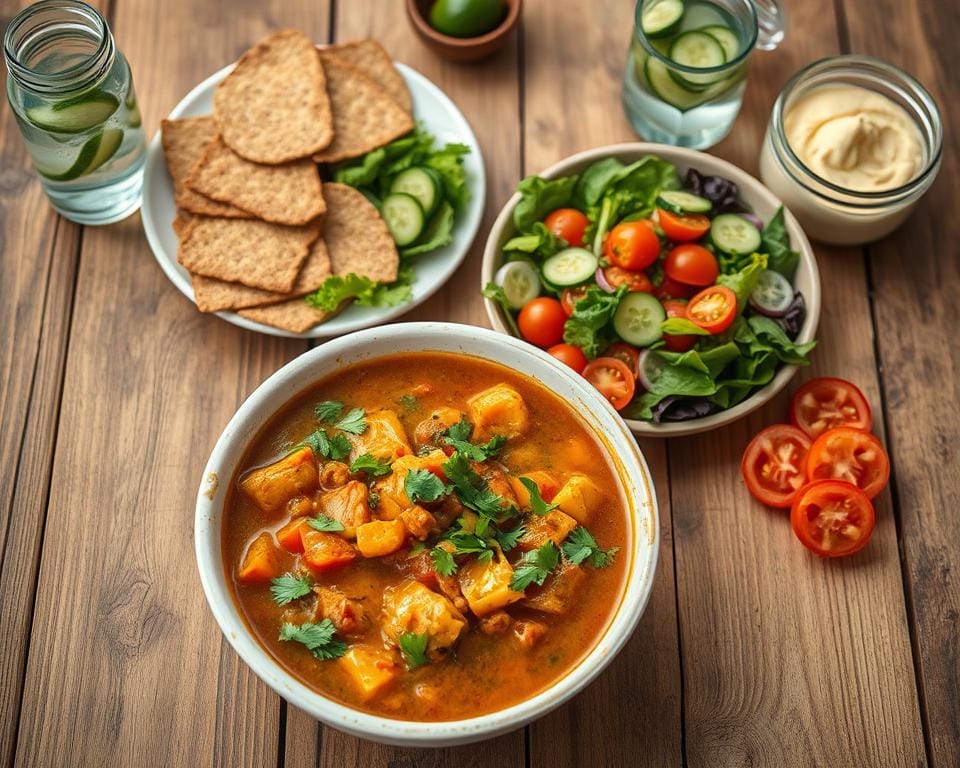 A beautifully styled overhead shot of a rustic wooden table with a selection of fresh, vibrant vegetarian dishes. In the foreground, a steaming bowl of aromatic vegetable stew, garnished with chopped parsley. Next to it, a vibrant salad of crisp greens, juicy tomatoes, and crunchy cucumbers, drizzled with a light vinaigrette. In the background, a plate of hearty whole-grain crackers, a jar of hummus, and a glass of refreshing cucumber-infused water. The lighting is soft and natural, casting a warm glow over the scene. The atmosphere is inviting and appetizing, conveying the ease and simplicity of preparing delicious vegetarian meals. A beautifully styled overhead shot of a rustic wooden table with a selection of fresh, vibrant vegetarian dishes. In the foreground, a steaming bowl of aromatic vegetable stew, garnished with chopped parsley. Next to it, a vibrant salad of crisp greens, juicy tomatoes, and crunchy cucumbers, drizzled with a light vinaigrette. In the background, a plate of hearty whole-grain crackers, a jar of hummus, and a glass of refreshing cucumber-infused water. The lighting is soft and natural, casting a warm glow over the scene. The atmosphere is inviting and appetizing, conveying the ease and simplicity of preparing delicious vegetarian meals.