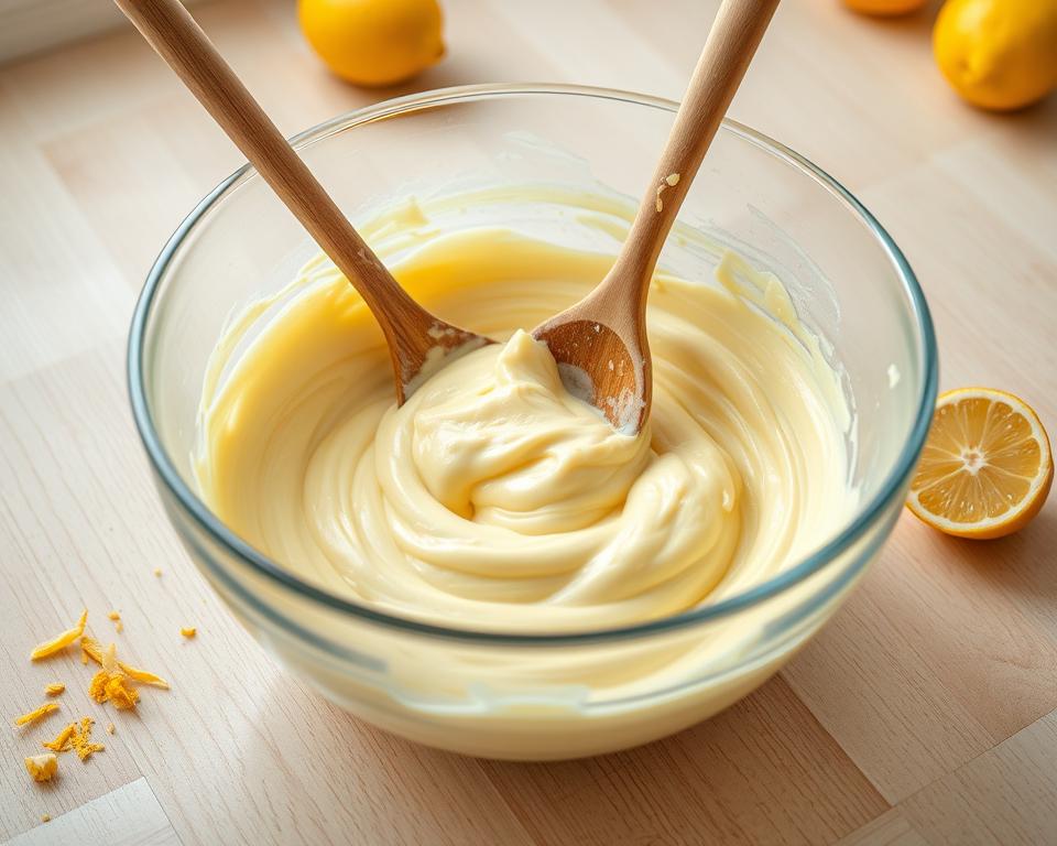 A bright, well-lit kitchen counter with a large glass mixing bowl filled with a pale yellow lemon drizzle cake batter. Smooth, creamy batter is being gently folded and mixed with a wooden spoon, creating soft ribbons and swirls. Lemon zest and juice are scattered around the bowl, adding vibrant pops of color. The countertop is made of light, natural wood, creating a rustic, homemade feel. Diffused, soft lighting illuminates the scene, highlighting the texture and consistency of the batter. The angle is slightly tilted to provide an engaging, up-close perspective of the mixing process. A bright, well-lit kitchen counter with a large glass mixing bowl filled with a pale yellow lemon drizzle cake batter. Smooth, creamy batter is being gently folded and mixed with a wooden spoon, creating soft ribbons and swirls. Lemon zest and juice are scattered around the bowl, adding vibrant pops of color. The countertop is made of light, natural wood, creating a rustic, homemade feel. Diffused, soft lighting illuminates the scene, highlighting the texture and consistency of the batter. The angle is slightly tilted to provide an engaging, up-close perspective of the mixing process.