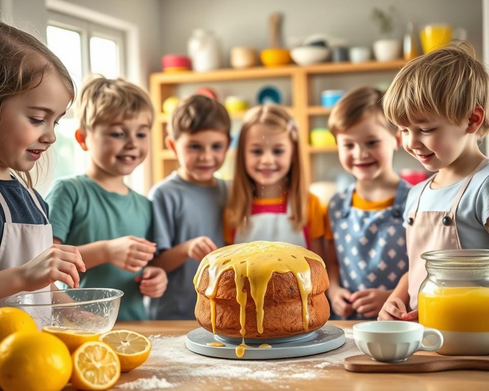 A cheerful group of children, ranging from 6 to 10 years old, enthusiastically baking a lemon drizzle cake in a well-lit, modern kitchen. The foreground features their nimble hands mixing the batter, dusting flour, and carefully drizzling a vibrant lemon glaze over the freshly baked cake. The middle ground showcases their engaged expressions, faces aglow with a sense of accomplishment as they work together. In the background, shelves brimming with colorful baking ingredients and utensils create a warm, inviting atmosphere. Soft, natural lighting filters through large windows, casting a golden glow and emphasizing the zesty, cheerful mood. The overall scene exudes a sense of joy, creativity, and the delight of homemade baking. A cheerful group of children, ranging from 6 to 10 years old, enthusiastically baking a lemon drizzle cake in a well-lit, modern kitchen. The foreground features their nimble hands mixing the batter, dusting flour, and carefully drizzling a vibrant lemon glaze over the freshly baked cake. The middle ground showcases their engaged expressions, faces aglow with a sense of accomplishment as they work together. In the background, shelves brimming with colorful baking ingredients and utensils create a warm, inviting atmosphere. Soft, natural lighting filters through large windows, casting a golden glow and emphasizing the zesty, cheerful mood. The overall scene exudes a sense of joy, creativity, and the delight of homemade baking.