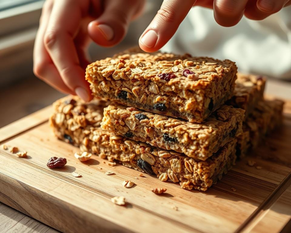 A close-up shot of freshly baked granola bars being carefully sliced on a wooden cutting board. The bars are a rich golden-brown hue, packed with toasted oats, crunchy nuts, and chewy dried fruit. Soft natural lighting from a nearby window casts a warm glow across the scene, accentuating the intricate textures and layers of the homemade treats. The camera angle emphasizes the delicate hand movements, capturing the precise technique of the baker as they masterfully portion out the perfectly proportioned granola bars. The overall mood is one of culinary craftsmanship and artisanal care. A close-up shot of freshly baked granola bars being carefully sliced on a wooden cutting board. The bars are a rich golden-brown hue, packed with toasted oats, crunchy nuts, and chewy dried fruit. Soft natural lighting from a nearby window casts a warm glow across the scene, accentuating the intricate textures and layers of the homemade treats. The camera angle emphasizes the delicate hand movements, capturing the precise technique of the baker as they masterfully portion out the perfectly proportioned granola bars. The overall mood is one of culinary craftsmanship and artisanal care.
