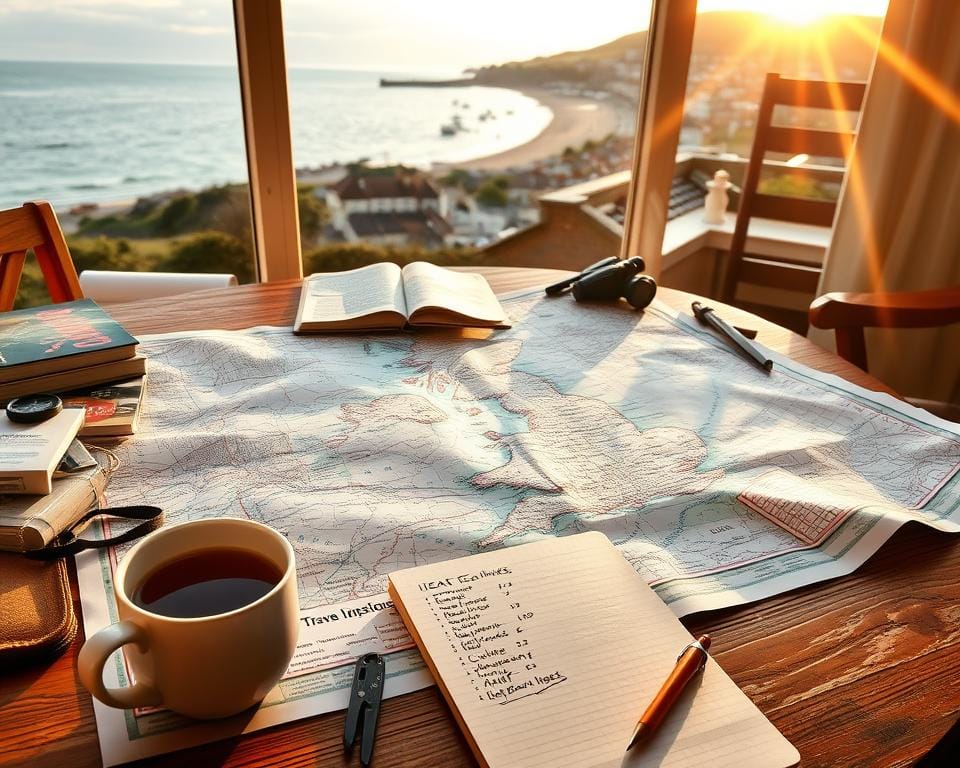 A coastal landscape with a detailed map of the UK unfolding on a wooden table, surrounded by travel guides, binoculars, and a compass. The sun casts a warm, golden glow through the window, illuminating the scene. In the foreground, a mug of steaming tea and a notebook with scribbled notes about potential day trip destinations. The middle ground features meticulously planned itineraries and train schedules, while the background showcases a picturesque view of a seaside town, its historic buildings and winding streets visible in the distance.