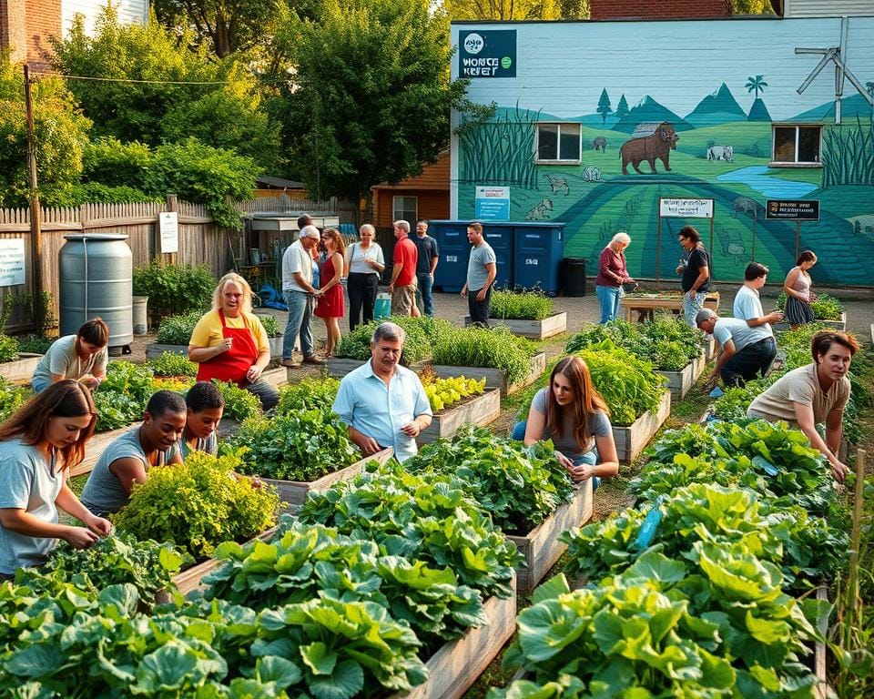 A community garden thriving with lush vegetation, rows of raised beds, and people of all ages working together to cultivate sustainable practices. In the foreground, a diverse group of neighbors harvest fresh produce, their faces filled with pride and contentment. The middle ground showcases a composting station, rain barrels, and educational signs explaining the benefits of eco-friendly initiatives. In the background, a mural depicting scenes of renewable energy and wildlife reflects the community's commitment to environmental stewardship. Warm, natural lighting bathes the scene, conveying a sense of unity, vitality, and a shared vision for a sustainable future. A community garden thriving with lush vegetation, rows of raised beds, and people of all ages working together to cultivate sustainable practices. In the foreground, a diverse group of neighbors harvest fresh produce, their faces filled with pride and contentment. The middle ground showcases a composting station, rain barrels, and educational signs explaining the benefits of eco-friendly initiatives. In the background, a mural depicting scenes of renewable energy and wildlife reflects the community's commitment to environmental stewardship. Warm, natural lighting bathes the scene, conveying a sense of unity, vitality, and a shared vision for a sustainable future.