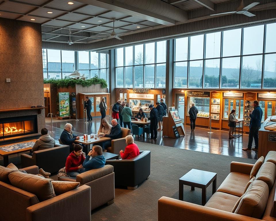 A cozy indoor activity center on a rainy day in the United Kingdom. The foreground features a large open area with plush seating, board games, and a warm fireplace. In the middle ground, families and friends gather around tables, sipping hot beverages and laughing together. The background showcases an array of interactive exhibits and educational displays, inviting visitors to explore and learn. Soft, diffused lighting creates a welcoming atmosphere, while large windows offer glimpses of the rainy outdoor scenery. The overall scene conveys a sense of comfort, community, and enriching experiences on a typical rainy day in the UK. A cozy indoor activity center on a rainy day in the United Kingdom. The foreground features a large open area with plush seating, board games, and a warm fireplace. In the middle ground, families and friends gather around tables, sipping hot beverages and laughing together. The background showcases an array of interactive exhibits and educational displays, inviting visitors to explore and learn. Soft, diffused lighting creates a welcoming atmosphere, while large windows offer glimpses of the rainy outdoor scenery. The overall scene conveys a sense of comfort, community, and enriching experiences on a typical rainy day in the UK.
