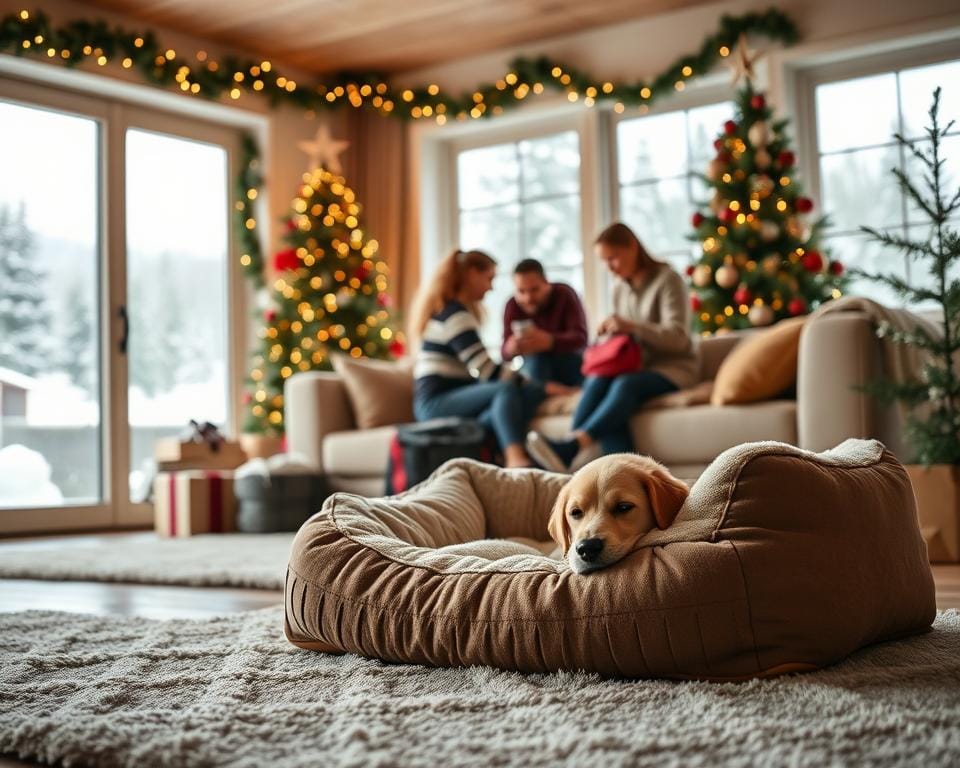 A cozy, inviting living room with a plush dog bed in the foreground, surrounded by holiday decor - garlands, twinkling lights, and a festive tree. In the middle ground, a family unpacks their bags, excitedly preparing for their dog-friendly getaway, while the background showcases a picturesque winter landscape visible through large windows. Soft, warm lighting casts a welcoming glow, and the scene exudes a sense of comfort and joy, perfectly capturing the spirit of a dog-friendly holiday preparation. A cozy, inviting living room with a plush dog bed in the foreground, surrounded by holiday decor - garlands, twinkling lights, and a festive tree. In the middle ground, a family unpacks their bags, excitedly preparing for their dog-friendly getaway, while the background showcases a picturesque winter landscape visible through large windows. Soft, warm lighting casts a welcoming glow, and the scene exudes a sense of comfort and joy, perfectly capturing the spirit of a dog-friendly holiday preparation.