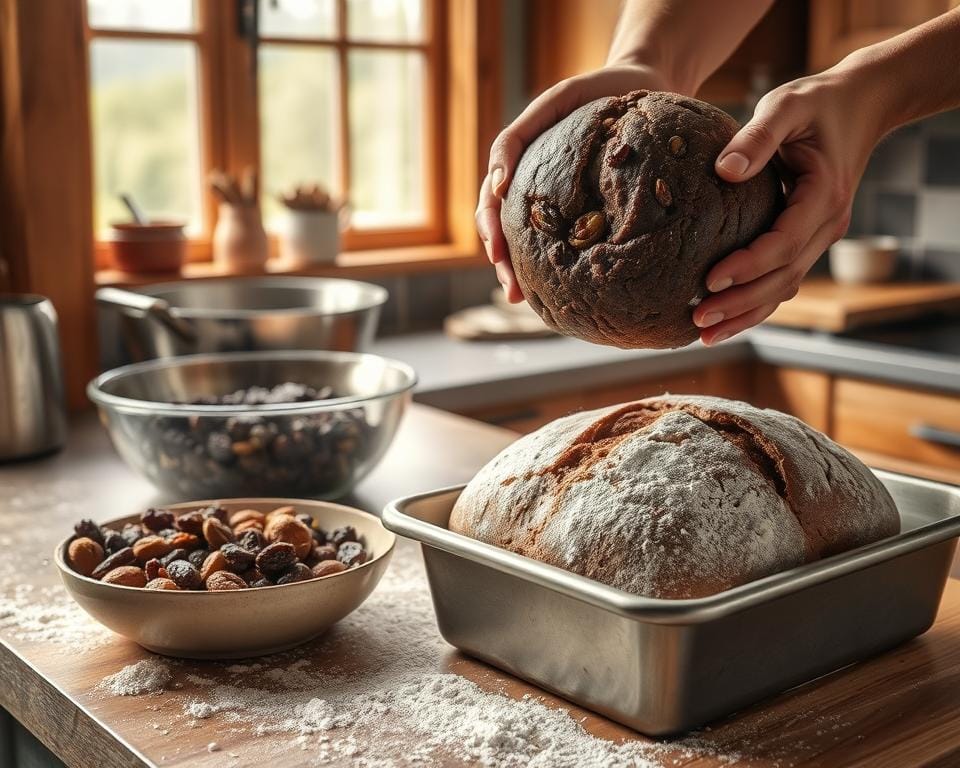 A cozy kitchen bathed in warm, natural light. On the countertop, a large mixing bowl filled with a rich, dark dough dotted with plump raisins and candied fruit. Beside it, a well-floured work surface where skilled hands knead and shape the dough into a smooth, supple loaf. The loaf is gently transferred to a well-greased baking pan, its surface dusted with a light coating of flour. The pan is then slid into a preheated oven, the aroma of yeast and spices already beginning to fill the air. The scene conveys the comforting, homemade process of creating the traditional Welsh tea bread, Bara Brith. A cozy kitchen bathed in warm, natural light. On the countertop, a large mixing bowl filled with a rich, dark dough dotted with plump raisins and candied fruit. Beside it, a well-floured work surface where skilled hands knead and shape the dough into a smooth, supple loaf. The loaf is gently transferred to a well-greased baking pan, its surface dusted with a light coating of flour. The pan is then slid into a preheated oven, the aroma of yeast and spices already beginning to fill the air. The scene conveys the comforting, homemade process of creating the traditional Welsh tea bread, Bara Brith.
