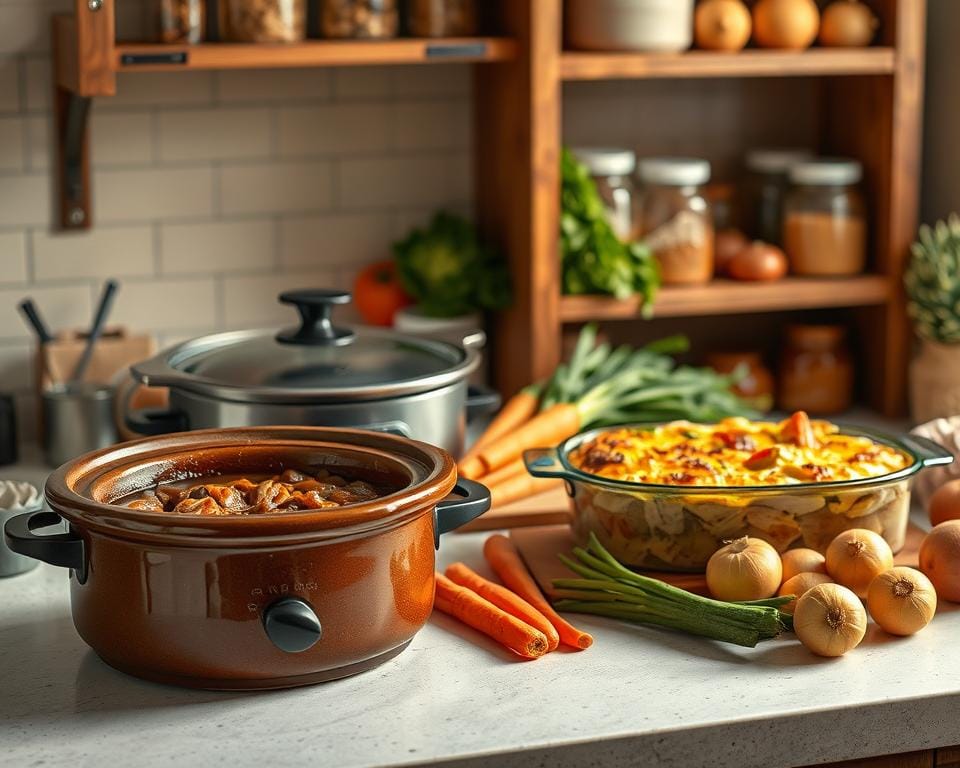 A cozy kitchen counter showcasing a lineup of budget-friendly slow cooker meals. In the foreground, a hearty beef stew simmers in a classic earthenware crockpot, its rich aroma wafting through the air. Alongside it, a savory chicken and vegetable casserole, its golden crust glistening under soft, even lighting. In the middle ground, a selection of fresh, seasonal produce - carrots, onions, and potatoes - wait to be chopped and added to the slow-cooked dishes. The background features a rustic wooden shelving unit stocked with simple pantry staples, conveying the notion of effortless, cost-conscious meal preparation. The overall scene radiates a cozy, homely atmosphere, perfectly suited for the "Budget-Friendly Meal Ideas for Busy Days" section of the "Easy Slow Cooker Meal Ideas" article.