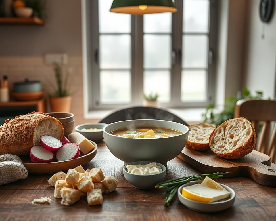 A cozy kitchen scene with a central table holding a steaming bowl of leek and potato soup, surrounded by an array of complementary pairings. In the foreground, freshly baked crusty bread, crisp croutons, and a small dish of creamy cheese spread. Midground, a wooden cutting board with sliced radishes, chives, and a wedge of lemon. The background features a window overlooking a misty outdoor landscape, with warm lighting from a pendant fixture overhead. The overall mood is inviting and comforting, encouraging the viewer to imagine themselves enjoying this wholesome, homemade soup with an assortment of tasty accompaniments. A cozy kitchen scene with a central table holding a steaming bowl of leek and potato soup, surrounded by an array of complementary pairings. In the foreground, freshly baked crusty bread, crisp croutons, and a small dish of creamy cheese spread. Midground, a wooden cutting board with sliced radishes, chives, and a wedge of lemon. The background features a window overlooking a misty outdoor landscape, with warm lighting from a pendant fixture overhead. The overall mood is inviting and comforting, encouraging the viewer to imagine themselves enjoying this wholesome, homemade soup with an assortment of tasty accompaniments.