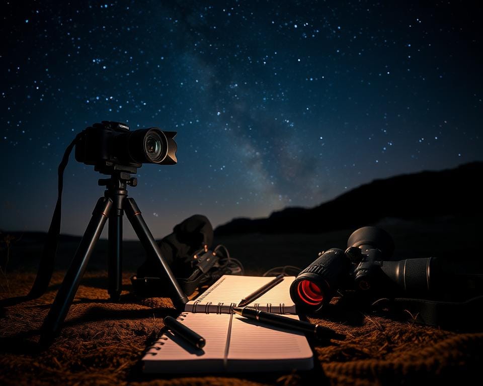 A cozy nightscape scene showcasing the essential items for a memorable stargazing session. In the foreground, a sturdy tripod supports a high-resolution DSLR camera, its lens carefully aligned to capture the celestial panorama. Nearby, a weatherproof notebook and a high-quality pen lie ready to jot down observations and sketches. In the middle ground, a sturdy pair of binoculars, their lenses gleaming under the soft glow of a red-filtered flashlight, allow for a closer look at the twinkling stars. In the background, the night sky is a tapestry of deep blues and purples, dotted with the shimmering points of distant galaxies, nebulae, and constellations. The overall scene conveys a sense of anticipation and wonder, perfectly suited for a memorable stargazing adventure.