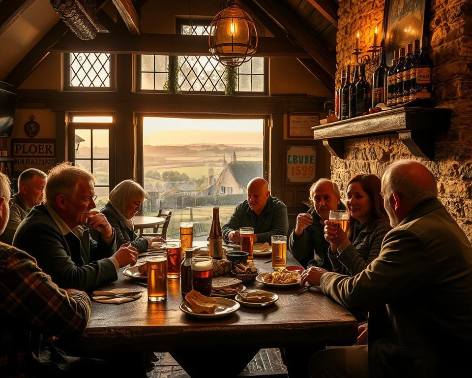 A cozy, quintessential Cotswolds village pub with a warm, inviting atmosphere. In the foreground, a group of locals enjoying a hearty meal around a rustic wooden table, pints of local ale in hand. The pub's interior is adorned with exposed beams, stone walls, and a crackling fireplace, casting a soft, golden glow. Through the leaded-glass windows, a glimpse of the picturesque countryside beyond, rolling hills and thatched-roof cottages bathed in the soft light of the setting sun. The scene evokes a sense of traditional English charm and a celebration of the region's local food and culture. A cozy, quintessential Cotswolds village pub with a warm, inviting atmosphere. In the foreground, a group of locals enjoying a hearty meal around a rustic wooden table, pints of local ale in hand. The pub's interior is adorned with exposed beams, stone walls, and a crackling fireplace, casting a soft, golden glow. Through the leaded-glass windows, a glimpse of the picturesque countryside beyond, rolling hills and thatched-roof cottages bathed in the soft light of the setting sun. The scene evokes a sense of traditional English charm and a celebration of the region's local food and culture.
