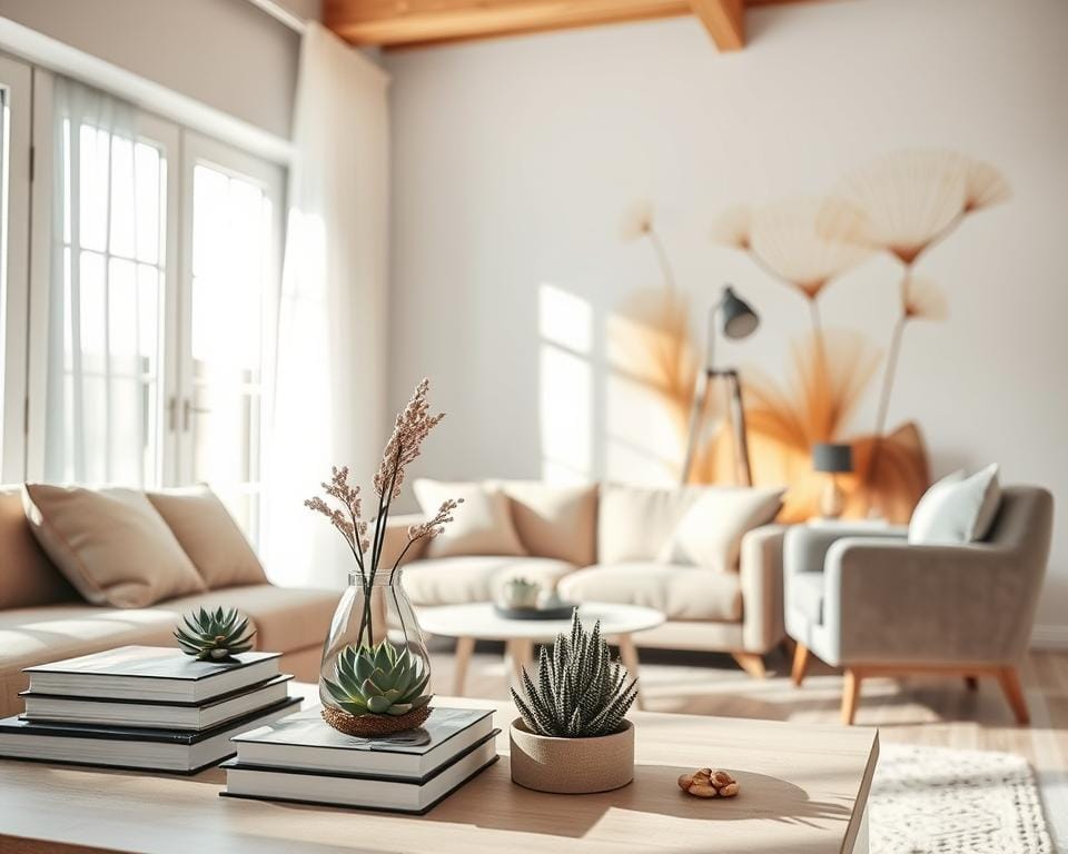 A cozy, sun-drenched living room with a minimalist aesthetic. In the foreground, a coffee table showcases an artfully arranged selection of books, succulents, and a sleek vase of fresh flowers. The middle ground features a plush, neutral-toned sofa and armchair, inviting relaxation. The background highlights an accent wall with an abstract, nature-inspired mural in warm, earthy tones. Soft, directional lighting from hidden sources creates a gentle, inviting atmosphere. The overall scene conveys a sense of calm, effortless style - small changes that make a big impact. A cozy, sun-drenched living room with a minimalist aesthetic. In the foreground, a coffee table showcases an artfully arranged selection of books, succulents, and a sleek vase of fresh flowers. The middle ground features a plush, neutral-toned sofa and armchair, inviting relaxation. The background highlights an accent wall with an abstract, nature-inspired mural in warm, earthy tones. Soft, directional lighting from hidden sources creates a gentle, inviting atmosphere. The overall scene conveys a sense of calm, effortless style - small changes that make a big impact.