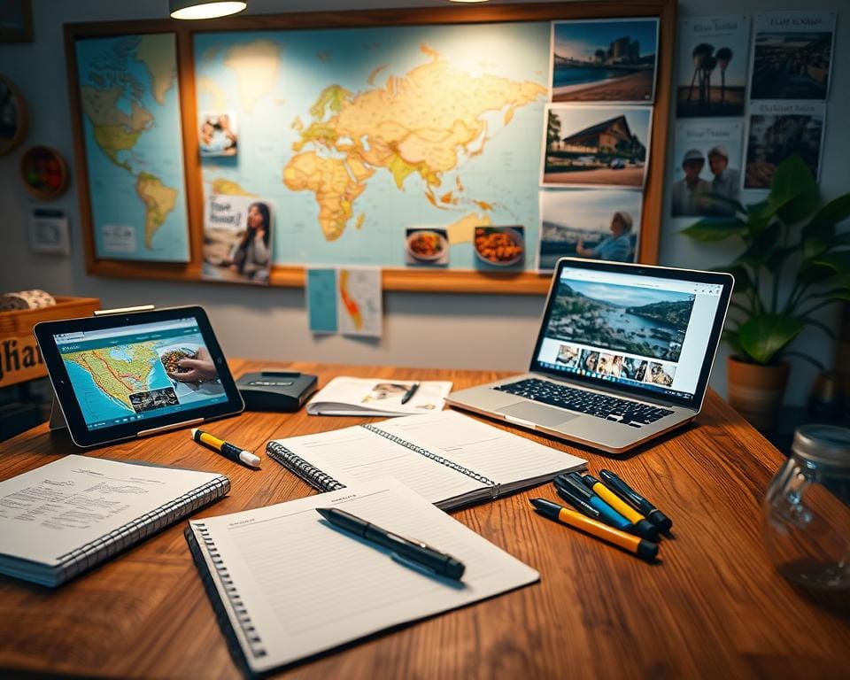 A cozy workspace with a wooden table, various planning tools like a notebook, pen, and highlighters, along with a tablet or laptop displaying a travel planning website. In the background, a bulletin board with maps, travel brochures, and inspirational photos of foodie destinations. Soft, warm lighting illuminates the scene, creating an inviting and productive atmosphere for planning the perfect foodie getaway.