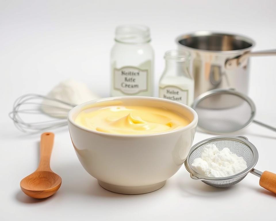 A crisp white background captures an array of essential clotted cream ingredients and tools. In the foreground, a ceramic bowl overflows with fresh cream, its rich, golden hue glistening under soft, diffused lighting. Surrounding the bowl, a wooden spoon, a handheld whisk, and a fine-mesh sieve rest in perfect alignment. In the middle ground, a glass jar filled with powdered sugar stands tall, its label visible. Farther back, a stainless steel saucepan and a small, vintage-inspired glass jug complete the scene, hinting at the process of transforming these elements into the beloved, velvety clotted cream. A crisp white background captures an array of essential clotted cream ingredients and tools. In the foreground, a ceramic bowl overflows with fresh cream, its rich, golden hue glistening under soft, diffused lighting. Surrounding the bowl, a wooden spoon, a handheld whisk, and a fine-mesh sieve rest in perfect alignment. In the middle ground, a glass jar filled with powdered sugar stands tall, its label visible. Farther back, a stainless steel saucepan and a small, vintage-inspired glass jug complete the scene, hinting at the process of transforming these elements into the beloved, velvety clotted cream.