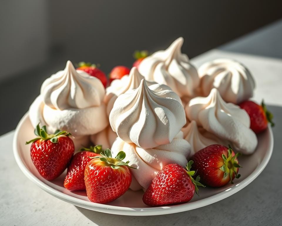 A delightful still life featuring a plate of freshly baked meringue cookies, their crisp exteriors dusted with a light coating of powdered sugar. Ripe, juicy strawberries are artfully arranged around the cookies, their vibrant red hues providing a striking contrast. The composition is bathed in soft, natural lighting, casting gentle shadows and highlighting the textural interplay between the light, airy meringue and the succulent berries. The overall scene exudes a sense of classic elegance and simplicity, perfectly suited to illustrate the step-by-step instructions for creating a classic Eton Mess dessert. A delightful still life featuring a plate of freshly baked meringue cookies, their crisp exteriors dusted with a light coating of powdered sugar. Ripe, juicy strawberries are artfully arranged around the cookies, their vibrant red hues providing a striking contrast. The composition is bathed in soft, natural lighting, casting gentle shadows and highlighting the textural interplay between the light, airy meringue and the succulent berries. The overall scene exudes a sense of classic elegance and simplicity, perfectly suited to illustrate the step-by-step instructions for creating a classic Eton Mess dessert.