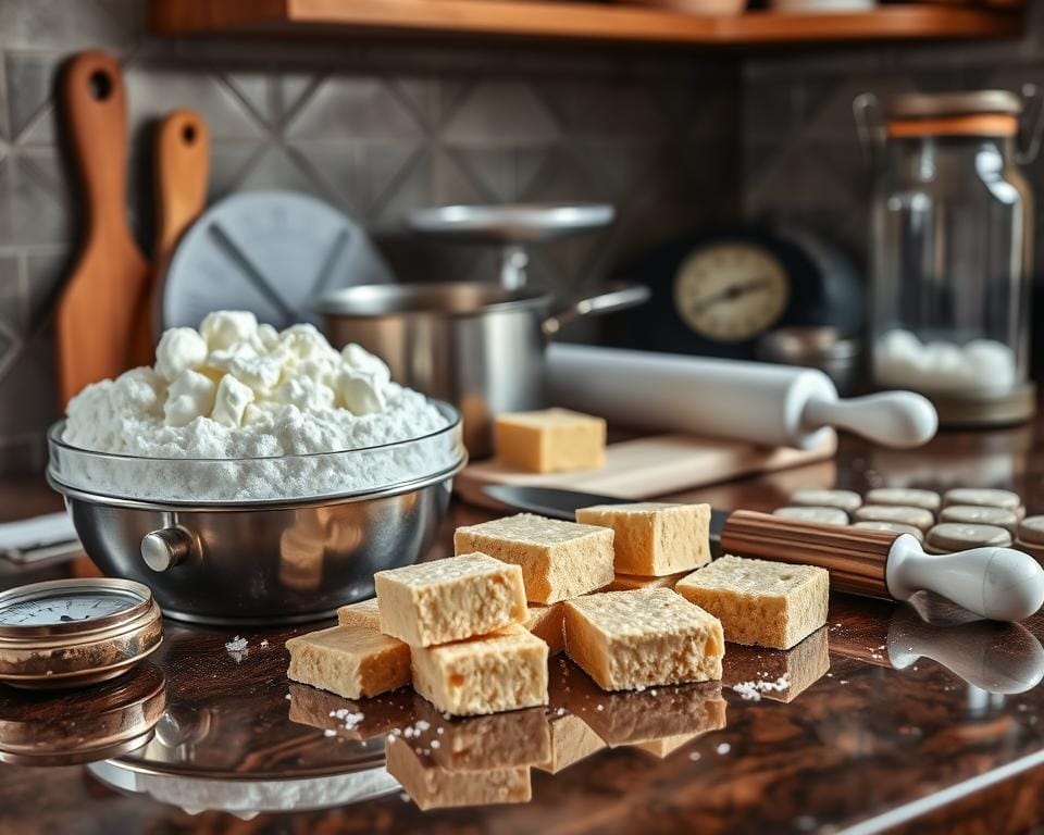 A gleaming countertop, adorned with an assortment of traditional Scottish tablet-making essentials. In the foreground, a mix of cane sugar, cream, and butter await transformation. Beside them, a heavy-bottomed saucepan, a wooden spoon, and a sturdy thermometer stand ready. In the middle ground, a marble rolling pin and a sharp knife lie poised, while in the background, a vintage scale and a pristine glass jar hint at the precision and care required. Warm, soft lighting casts a cozy glow, evoking the comforting ritual of crafting this beloved confection. A gleaming countertop, adorned with an assortment of traditional Scottish tablet-making essentials. In the foreground, a mix of cane sugar, cream, and butter await transformation. Beside them, a heavy-bottomed saucepan, a wooden spoon, and a sturdy thermometer stand ready. In the middle ground, a marble rolling pin and a sharp knife lie poised, while in the background, a vintage scale and a pristine glass jar hint at the precision and care required. Warm, soft lighting casts a cozy glow, evoking the comforting ritual of crafting this beloved confection.