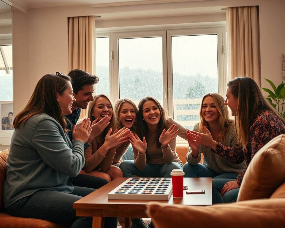 A group of close friends enthusiastically participating in the latest TikTok board challenge, their faces alight with joy and camaraderie. The scene is bathed in warm, natural lighting, capturing the vibrant colors of their outfits and the playful energy of the moment. In the foreground, the friends are huddled around a table, their hands and bodies animated as they engage with the game. The middle ground showcases the cozy, inviting living room setting, with plush furnishings and personal touches that create a sense of comfort and togetherness. In the background, a large window frames a dreary, rainy day outside, emphasizing the contrast between the gloomy weather and the joyful indoor gathering. A group of close friends enthusiastically participating in the latest TikTok board challenge, their faces alight with joy and camaraderie. The scene is bathed in warm, natural lighting, capturing the vibrant colors of their outfits and the playful energy of the moment. In the foreground, the friends are huddled around a table, their hands and bodies animated as they engage with the game. The middle ground showcases the cozy, inviting living room setting, with plush furnishings and personal touches that create a sense of comfort and togetherness. In the background, a large window frames a dreary, rainy day outside, emphasizing the contrast between the gloomy weather and the joyful indoor gathering.