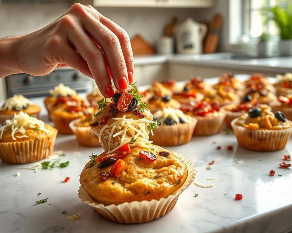 A kitchen counter filled with an assortment of freshly baked savoury muffins, each with unique toppings and fillings. In the foreground, a baker's hands carefully decorating a muffin with shredded cheese, sun-dried tomatoes, and fresh herbs, creating a visually appealing and flavourful treat. In the middle ground, additional muffins with various mix-ins like bacon, olives, and roasted vegetables, showcasing the versatility of customisation. The background features a bright, airy kitchen setting with natural light streaming in, creating a warm and inviting atmosphere. The overall scene captures the process of personalising savoury muffins, inspiring the viewer to experiment with their own culinary creations. A kitchen counter filled with an assortment of freshly baked savoury muffins, each with unique toppings and fillings. In the foreground, a baker's hands carefully decorating a muffin with shredded cheese, sun-dried tomatoes, and fresh herbs, creating a visually appealing and flavourful treat. In the middle ground, additional muffins with various mix-ins like bacon, olives, and roasted vegetables, showcasing the versatility of customisation. The background features a bright, airy kitchen setting with natural light streaming in, creating a warm and inviting atmosphere. The overall scene captures the process of personalising savoury muffins, inspiring the viewer to experiment with their own culinary creations.