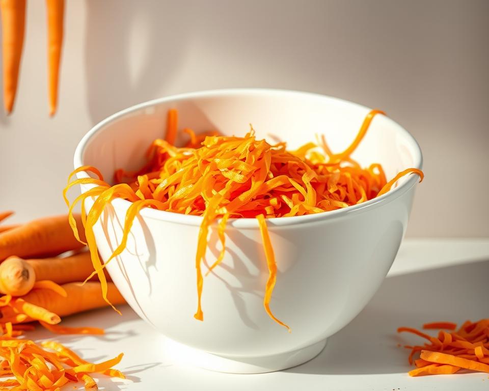 A large, pristine mixing bowl filled with freshly shredded bright orange carrots, cascading down the sides in a visually appealing arrangement. The carrots have a vibrant, glossy sheen, and the bowl's smooth, ceramic surface reflects the natural lighting, creating a warm, inviting ambiance. The scene is captured from a slightly elevated angle, emphasizing the bowl's depth and the texture of the shredded carrots. The overall composition is balanced, with a clean, minimalist background that allows the key ingredients to take center stage, perfectly suited to illustrate the "Key Ingredients and Substitutions" section of the "Simple Spiced Carrot Cake" article. A large, pristine mixing bowl filled with freshly shredded bright orange carrots, cascading down the sides in a visually appealing arrangement. The carrots have a vibrant, glossy sheen, and the bowl's smooth, ceramic surface reflects the natural lighting, creating a warm, inviting ambiance. The scene is captured from a slightly elevated angle, emphasizing the bowl's depth and the texture of the shredded carrots. The overall composition is balanced, with a clean, minimalist background that allows the key ingredients to take center stage, perfectly suited to illustrate the "Key Ingredients and Substitutions" section of the "Simple Spiced Carrot Cake" article.