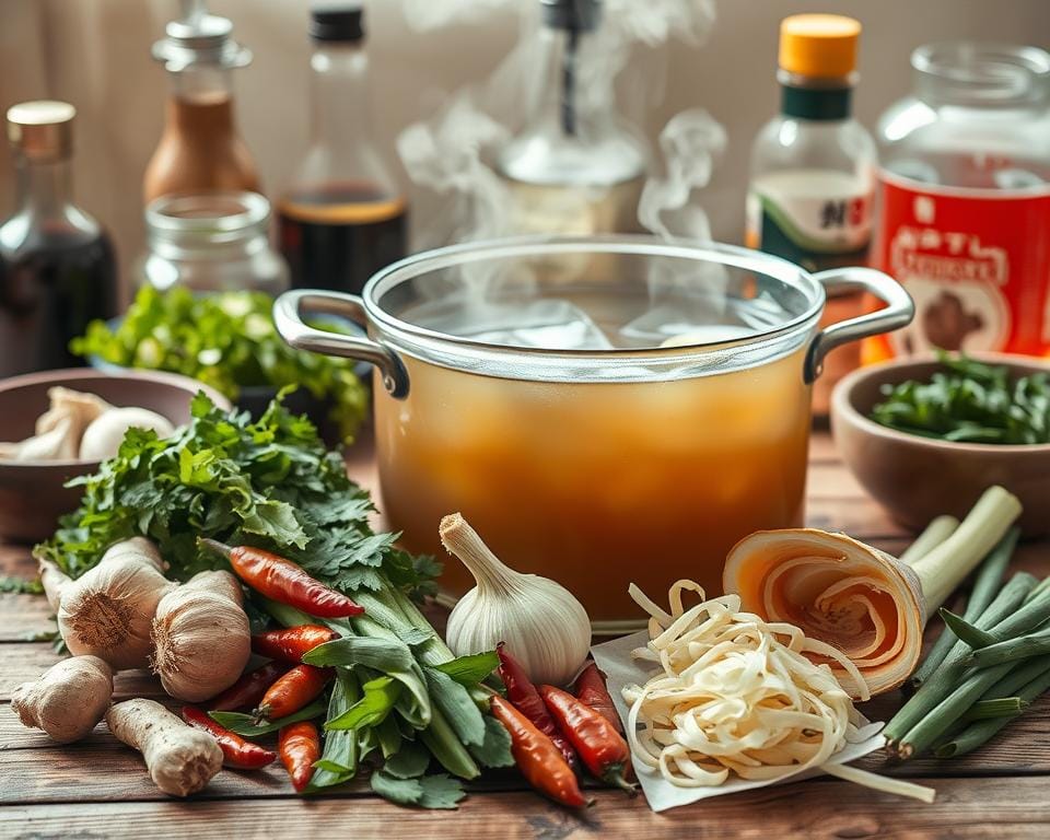 A meticulously arranged still life of essential homemade ramen broth ingredients, captured in natural daylight with a soft, even lighting. In the foreground, a selection of fresh, aromatic herbs and spices – ginger, garlic, scallions, and dried chili peppers – neatly organized on a rustic wooden surface. In the middle ground, a large saucepan filled with a clear, simmering broth, emitting delicate steam. In the background, jars of soy sauce, mirin, and other essential condiments, complementing the scene. The overall composition exudes a sense of culinary harmony, inviting the viewer to imagine the flavorful, nourishing ramen dish to come. A meticulously arranged still life of essential homemade ramen broth ingredients, captured in natural daylight with a soft, even lighting. In the foreground, a selection of fresh, aromatic herbs and spices – ginger, garlic, scallions, and dried chili peppers – neatly organized on a rustic wooden surface. In the middle ground, a large saucepan filled with a clear, simmering broth, emitting delicate steam. In the background, jars of soy sauce, mirin, and other essential condiments, complementing the scene. The overall composition exudes a sense of culinary harmony, inviting the viewer to imagine the flavorful, nourishing ramen dish to come.