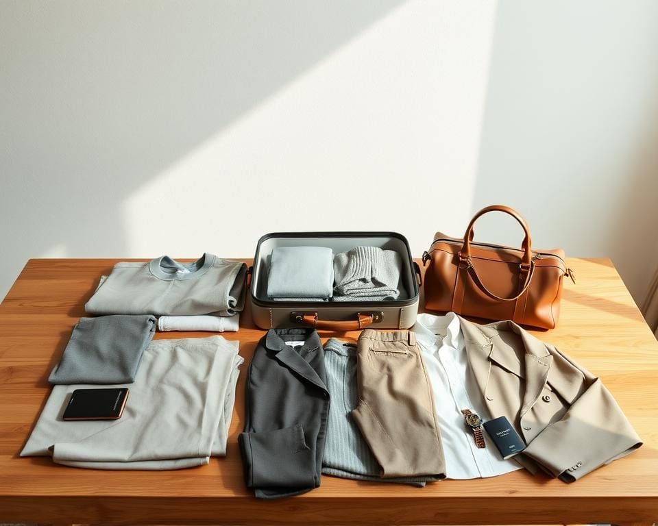 A neatly arranged assortment of travel essentials laid out on a wooden table, captured in a soft, natural light. In the foreground, a well-curated selection of versatile garments - neutral-toned tops, slim-fit pants, and a classic blazer - alongside complementary accessories like a compact passport holder, a sleek leather tote, and a minimalist watch. In the middle ground, a small suitcase or duffel bag stands open, revealing meticulously folded clothing items. The background features a simple, uncluttered backdrop, perhaps a white wall or a light-colored textured surface, creating a serene, aspirational atmosphere that evokes the idea of a thoughtfully planned, effortless travel wardrobe. A neatly arranged assortment of travel essentials laid out on a wooden table, captured in a soft, natural light. In the foreground, a well-curated selection of versatile garments - neutral-toned tops, slim-fit pants, and a classic blazer - alongside complementary accessories like a compact passport holder, a sleek leather tote, and a minimalist watch. In the middle ground, a small suitcase or duffel bag stands open, revealing meticulously folded clothing items. The background features a simple, uncluttered backdrop, perhaps a white wall or a light-colored textured surface, creating a serene, aspirational atmosphere that evokes the idea of a thoughtfully planned, effortless travel wardrobe.