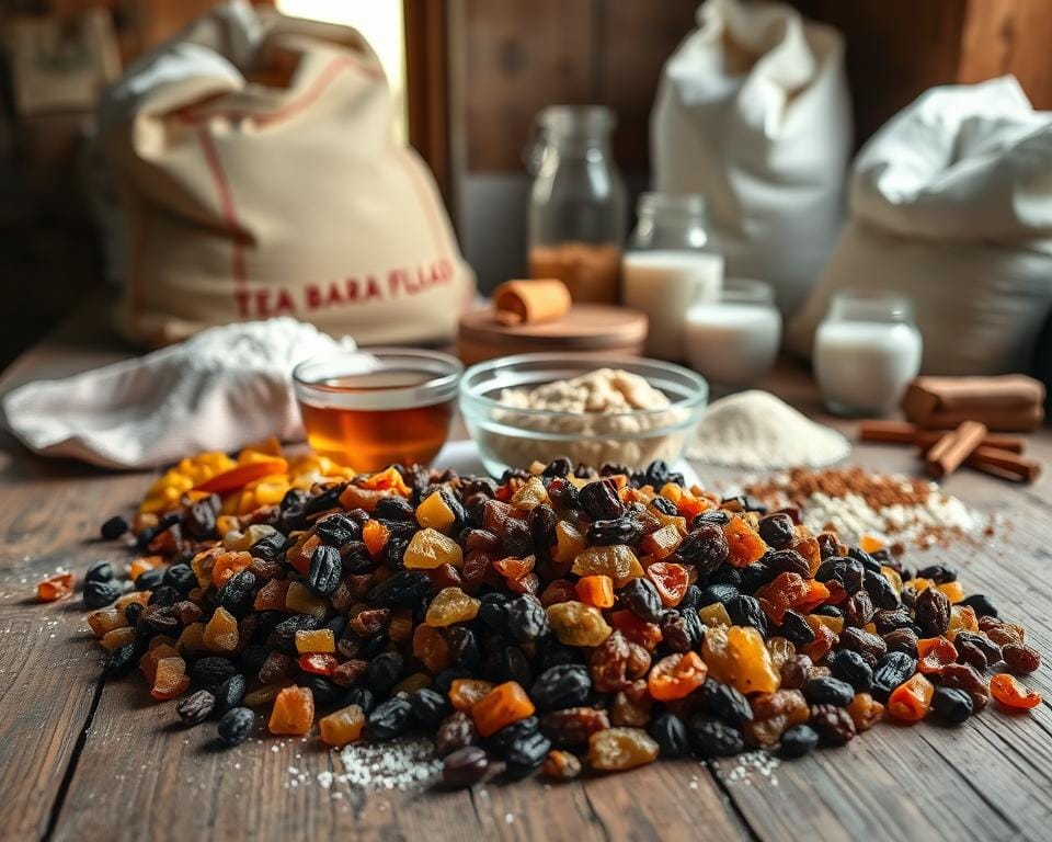 A neatly arranged spread of traditional Bara Brith ingredients on a rustic wooden table. In the foreground, a pile of dried fruit like raisins, currants, and candied citrus peel. In the middle, a bowl of warm tea and a small plate with freshly mixed dough. In the background, sacks of flour, jars of sugar, and a sprinkling of spices like cinnamon and nutmeg. Soft, natural lighting from a nearby window casts a cozy glow over the scene. The overall mood is one of homely, comforting preparation for a beloved Welsh tea bread. A neatly arranged spread of traditional Bara Brith ingredients on a rustic wooden table. In the foreground, a pile of dried fruit like raisins, currants, and candied citrus peel. In the middle, a bowl of warm tea and a small plate with freshly mixed dough. In the background, sacks of flour, jars of sugar, and a sprinkling of spices like cinnamon and nutmeg. Soft, natural lighting from a nearby window casts a cozy glow over the scene. The overall mood is one of homely, comforting preparation for a beloved Welsh tea bread.