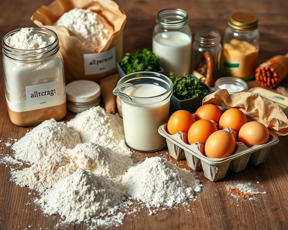 A neatly arranged still life on a wooden surface, showcasing an assortment of dry and wet baking ingredients. In the foreground, a variety of flours, including all-purpose, whole wheat, and self-rising, are carefully displayed in glass jars or paper bags. Next to them, a cluster of fresh eggs, their golden yolks glistening, nestled in an antique egg carton. In the middle ground, a mixing bowl filled with thick, creamy buttermilk, and a small pitcher of milk stand ready. In the background, a jar of fragrant herbs, a tub of butter, and a sprinkling of spices, such as paprika and garlic powder, complete the mise en scène. The scene is illuminated by soft, natural lighting, casting gentle shadows and highlighting the textures and colors of the ingredients, creating a welcoming and appetizing atmosphere. A neatly arranged still life on a wooden surface, showcasing an assortment of dry and wet baking ingredients. In the foreground, a variety of flours, including all-purpose, whole wheat, and self-rising, are carefully displayed in glass jars or paper bags. Next to them, a cluster of fresh eggs, their golden yolks glistening, nestled in an antique egg carton. In the middle ground, a mixing bowl filled with thick, creamy buttermilk, and a small pitcher of milk stand ready. In the background, a jar of fragrant herbs, a tub of butter, and a sprinkling of spices, such as paprika and garlic powder, complete the mise en scène. The scene is illuminated by soft, natural lighting, casting gentle shadows and highlighting the textures and colors of the ingredients, creating a welcoming and appetizing atmosphere.