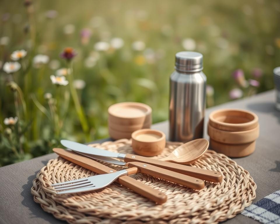 A neatly arranged still life showcasing a set of reusable picnic cutlery. In the foreground, a wooden handled knife, fork, and spoon lie on a woven rattan placemat, their natural textures and warm tones complementing each other. In the middle ground, a stainless steel water bottle and a small bamboo container for condiments or sauces add functionality to the scene. The background features a soft, out-of-focus meadow with wildflowers, evoking a serene, countryside atmosphere. Soft, directional lighting from the side casts gentle shadows, emphasizing the tactile quality of the materials. The overall composition conveys a sense of minimalist elegance and sustainability, perfectly suited for an outdoor picnic. A neatly arranged still life showcasing a set of reusable picnic cutlery. In the foreground, a wooden handled knife, fork, and spoon lie on a woven rattan placemat, their natural textures and warm tones complementing each other. In the middle ground, a stainless steel water bottle and a small bamboo container for condiments or sauces add functionality to the scene. The background features a soft, out-of-focus meadow with wildflowers, evoking a serene, countryside atmosphere. Soft, directional lighting from the side casts gentle shadows, emphasizing the tactile quality of the materials. The overall composition conveys a sense of minimalist elegance and sustainability, perfectly suited for an outdoor picnic.