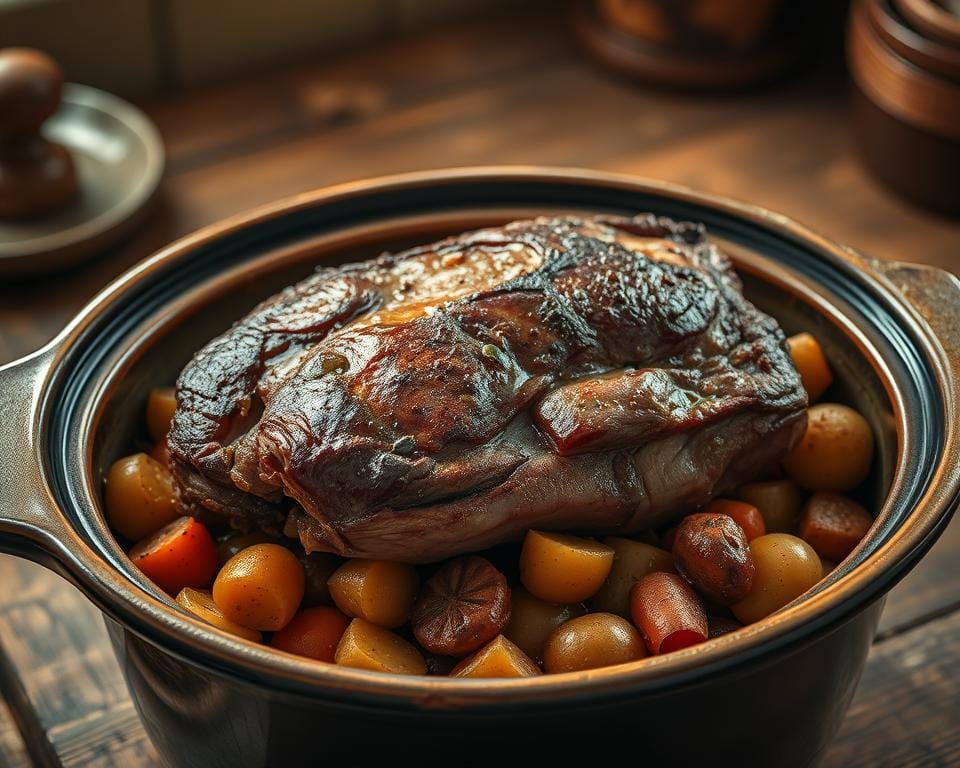 A perfectly browned roast beef resting on a bed of rustic vegetables in a vintage ceramic slow cooker. Soft, tender meat and caramelized onions, carrots, and potatoes fill the frame, their aromas wafting through the air. Warm, earthy lighting casts a cozy glow, while the deep cast-iron pot and simple wooden table evoke a traditional, homely ambiance. The scene embodies the comforting essence of a classic slow-cooked meal, inviting the viewer to imagine savoring each flavorful bite.