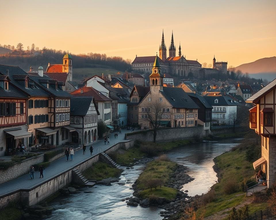 A picturesque European town nestled in the rolling hills, with charming cobblestone streets, colorful buildings, and quaint cafes. In the foreground, a winding river reflects the warm, golden light of the setting sun, while in the middle ground, locals and tourists stroll leisurely, taking in the peaceful atmosphere. In the background, a cluster of medieval towers and spires rise up, creating a captivating skyline. The scene is bathed in a soft, dreamlike glow, evoking a sense of timeless, rural tranquility. The overall composition is harmonious and visually striking, capturing the essence of a unique, off-the-beaten-path European destination. A picturesque European town nestled in the rolling hills, with charming cobblestone streets, colorful buildings, and quaint cafes. In the foreground, a winding river reflects the warm, golden light of the setting sun, while in the middle ground, locals and tourists stroll leisurely, taking in the peaceful atmosphere. In the background, a cluster of medieval towers and spires rise up, creating a captivating skyline. The scene is bathed in a soft, dreamlike glow, evoking a sense of timeless, rural tranquility. The overall composition is harmonious and visually striking, capturing the essence of a unique, off-the-beaten-path European destination.