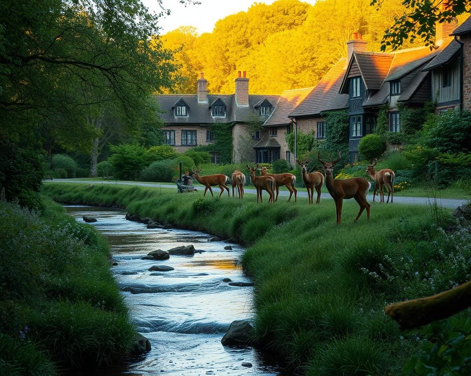 A picturesque historic village nestled amidst a lush, verdant woodland, bathed in the warm glow of golden hour light. In the foreground, a tranquil stream meanders through the scene, its gentle currents reflecting the surrounding foliage. In the middle ground, a group of graceful deer graze peacefully, their alert yet serene poses capturing the essence of the natural harmony. The background features a quaint collection of charming, aged buildings, their weathered facades and thatched roofs evoking a timeless, idyllic ambiance. Soft, diffused shadows play across the scene, lending a sense of depth and atmosphere. The overall composition conveys a captivating fusion of rural history and the unspoiled beauty of the British woodland. A picturesque historic village nestled amidst a lush, verdant woodland, bathed in the warm glow of golden hour light. In the foreground, a tranquil stream meanders through the scene, its gentle currents reflecting the surrounding foliage. In the middle ground, a group of graceful deer graze peacefully, their alert yet serene poses capturing the essence of the natural harmony. The background features a quaint collection of charming, aged buildings, their weathered facades and thatched roofs evoking a timeless, idyllic ambiance. Soft, diffused shadows play across the scene, lending a sense of depth and atmosphere. The overall composition conveys a captivating fusion of rural history and the unspoiled beauty of the British woodland.