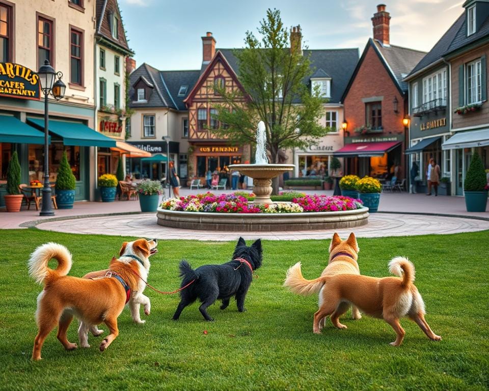 A picturesque town square with a charming local park, surrounded by dog-friendly cafes, shops, and historic buildings. In the foreground, a group of well-behaved pups play fetch on the lush green grass, their tails wagging with joy. The middle ground features a beautifully landscaped public garden, with colorful flowers and a tranquil fountain where leashed dogs can stop for a refreshing drink. The background showcases the quaint architecture of the town, with warm lighting casting a cozy, inviting atmosphere. The scene is captured with a wide-angle lens, emphasizing the welcoming and accessible nature of this dog-friendly local attraction. A picturesque town square with a charming local park, surrounded by dog-friendly cafes, shops, and historic buildings. In the foreground, a group of well-behaved pups play fetch on the lush green grass, their tails wagging with joy. The middle ground features a beautifully landscaped public garden, with colorful flowers and a tranquil fountain where leashed dogs can stop for a refreshing drink. The background showcases the quaint architecture of the town, with warm lighting casting a cozy, inviting atmosphere. The scene is captured with a wide-angle lens, emphasizing the welcoming and accessible nature of this dog-friendly local attraction.