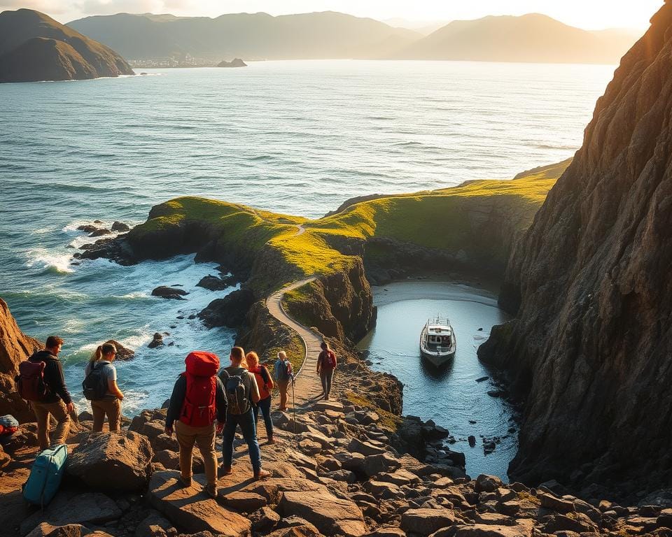 A rugged coastline bathed in warm, golden light, with waves crashing against the rocky shore. In the foreground, a group of adventurers prepares their gear, backpacks and hiking boots ready for a day of exploration. In the middle ground, a winding path leads towards a secluded cove, where a small boat waits to ferry explorers to hidden beaches and sea caves. In the background, lush green cliffs and rolling hills create a picturesque backdrop, hinting at the diverse landscapes waiting to be discovered. The scene exudes a sense of excitement and possibility, inviting the viewer to embark on their own coastal adventure. A rugged coastline bathed in warm, golden light, with waves crashing against the rocky shore. In the foreground, a group of adventurers prepares their gear, backpacks and hiking boots ready for a day of exploration. In the middle ground, a winding path leads towards a secluded cove, where a small boat waits to ferry explorers to hidden beaches and sea caves. In the background, lush green cliffs and rolling hills create a picturesque backdrop, hinting at the diverse landscapes waiting to be discovered. The scene exudes a sense of excitement and possibility, inviting the viewer to embark on their own coastal adventure.