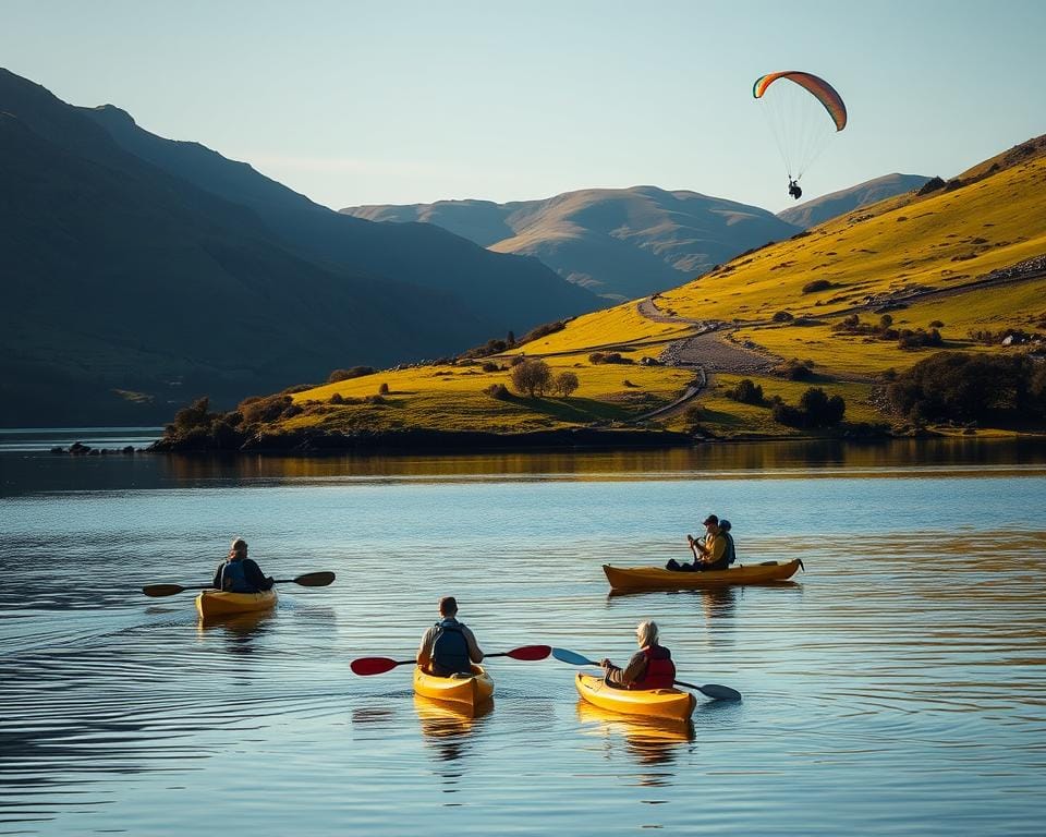 A serene lakeside scene in the Lake District, UK, with a group of adventurers engaged in a variety of outdoor activities. In the foreground, a couple kayaking on the still, mirror-like waters, their paddles creating gentle ripples. In the middle ground, hikers traverse a winding path through lush, verdant hills, their backpacks and trekking poles silhouetted against the dramatic, mountainous backdrop. Overhead, a paraglider gracefully soars, catching the warm, golden light of the afternoon sun. The atmosphere is one of tranquility and exploration, inviting the viewer to immerse themselves in the natural beauty and thrilling pursuits of this picturesque region. A serene lakeside scene in the Lake District, UK, with a group of adventurers engaged in a variety of outdoor activities. In the foreground, a couple kayaking on the still, mirror-like waters, their paddles creating gentle ripples. In the middle ground, hikers traverse a winding path through lush, verdant hills, their backpacks and trekking poles silhouetted against the dramatic, mountainous backdrop. Overhead, a paraglider gracefully soars, catching the warm, golden light of the afternoon sun. The atmosphere is one of tranquility and exploration, inviting the viewer to immerse themselves in the natural beauty and thrilling pursuits of this picturesque region.