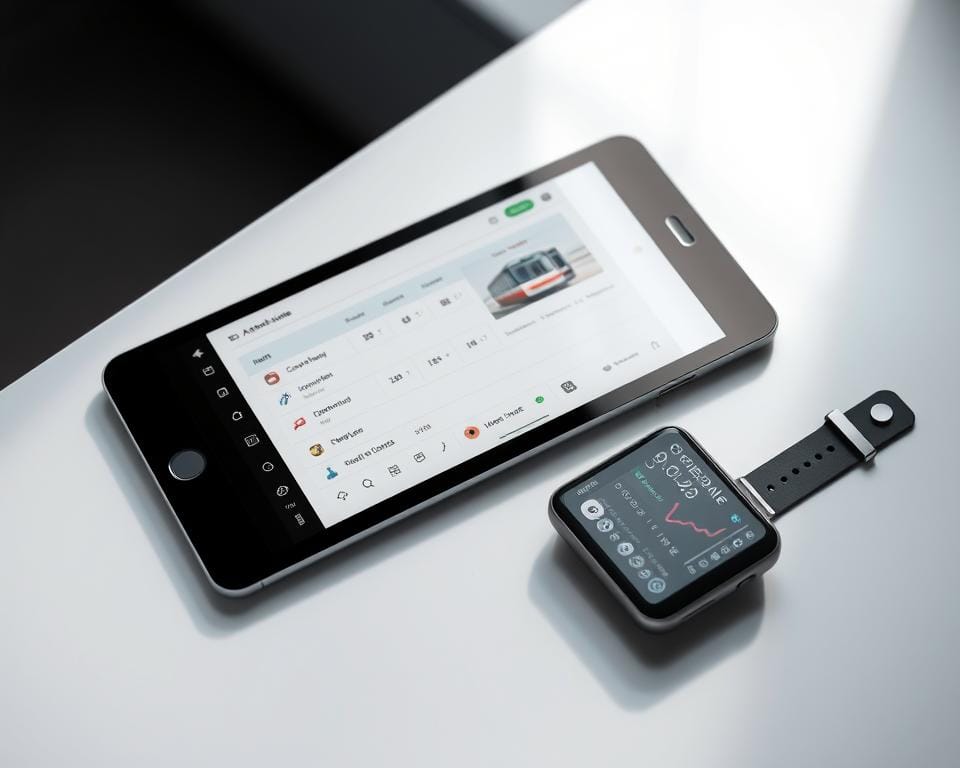 A sleek and modern collection of digital rail tools, including a tablet with a train schedule app, a smartphone with a mobile ticketing interface, and a smartwatch displaying real-time route updates. The tools are arranged on a clean, minimalist surface, illuminated by soft, diffused lighting that accentuates their elegant, high-tech design. The overall atmosphere conveys a sense of efficiency, connectivity, and the seamless integration of technology into the modern rail travel experience. A sleek and modern collection of digital rail tools, including a tablet with a train schedule app, a smartphone with a mobile ticketing interface, and a smartwatch displaying real-time route updates. The tools are arranged on a clean, minimalist surface, illuminated by soft, diffused lighting that accentuates their elegant, high-tech design. The overall atmosphere conveys a sense of efficiency, connectivity, and the seamless integration of technology into the modern rail travel experience.