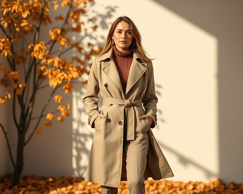 A stylish woman stands in a cozy autumn setting, modeling a well-tailored trench coat. The coat's sleek silhouette and belt cinch the waist, while the flowing fabric cascades over her form. Layered underneath, a warm sweater and slim-fit trousers complete the outfit. The scene is illuminated by soft, directional lighting, casting shadows that accentuate the textural details of the fabrics. The background features a muted palette of fall foliage, adding a sense of warmth and ambiance. The model's confident pose and thoughtful styling showcase how to elegantly layer a trench coat for chilly, transitional weather. A stylish woman stands in a cozy autumn setting, modeling a well-tailored trench coat. The coat's sleek silhouette and belt cinch the waist, while the flowing fabric cascades over her form. Layered underneath, a warm sweater and slim-fit trousers complete the outfit. The scene is illuminated by soft, directional lighting, casting shadows that accentuate the textural details of the fabrics. The background features a muted palette of fall foliage, adding a sense of warmth and ambiance. The model's confident pose and thoughtful styling showcase how to elegantly layer a trench coat for chilly, transitional weather.