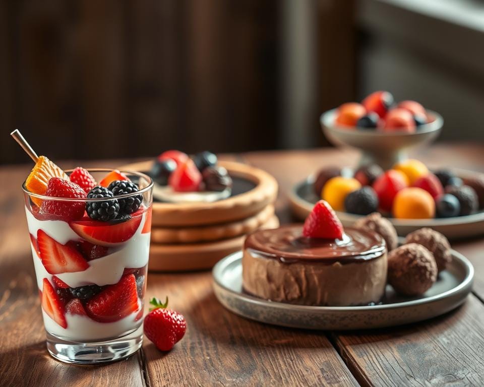 A sumptuous arrangement of delectable no-bake desserts, artfully presented on a rustic wooden table. In the foreground, a refreshing layered parfait with vibrant fruit and creamy yogurt, glistening under soft, natural lighting. Behind it, a chilled cheesecake tart with a silky smooth texture, garnished with fresh berries. In the middle ground, a decadent chocolate mousse, its rich, velvety appearance enhanced by the moody, warm-toned illumination. In the background, a platter of colorful, bite-sized fruit truffles, their jewel-like hues complementing the overall elegant, yet inviting atmosphere. A sumptuous arrangement of delectable no-bake desserts, artfully presented on a rustic wooden table. In the foreground, a refreshing layered parfait with vibrant fruit and creamy yogurt, glistening under soft, natural lighting. Behind it, a chilled cheesecake tart with a silky smooth texture, garnished with fresh berries. In the middle ground, a decadent chocolate mousse, its rich, velvety appearance enhanced by the moody, warm-toned illumination. In the background, a platter of colorful, bite-sized fruit truffles, their jewel-like hues complementing the overall elegant, yet inviting atmosphere.