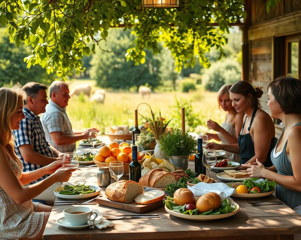 A sun-dappled outdoor dining scene, a rustic wooden table set with artisanal fare - freshly baked bread, seasonal vegetables, and locally-sourced meats. Farmers and producers mingle with diners, exchanging stories about the origins of the ingredients. Warm lighting filters through the lush, verdant foliage of a picturesque countryside setting. A pastoral idyll where city and rural come together to savor the fruits of the land. Captured with a cinematic, wide-angle lens to immerse the viewer in this bucolic farm-to-table dining experience.