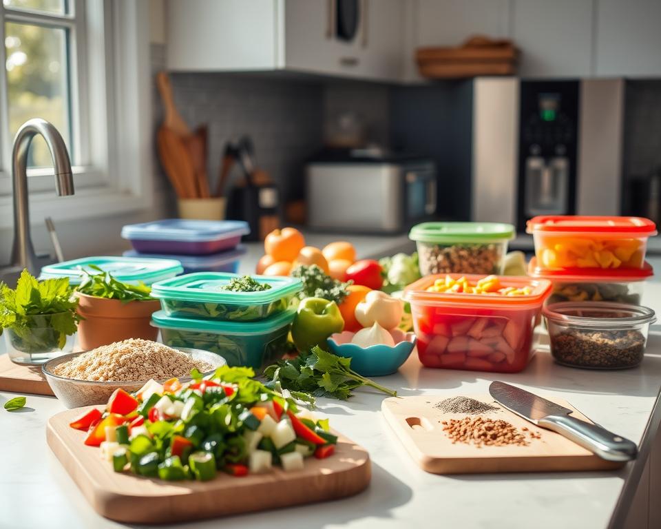 A sunlit kitchen counter, adorned with a selection of colorful meal prep containers, fresh produce, and cooking utensils. In the foreground, a variety of chopped vegetables, grains, and proteins are neatly arranged, ready to be combined into balanced, nutritious meals. The middle ground features a cutting board with herbs and spices, while the background showcases a sleek, modern appliance and a window letting in warm, natural light. The overall scene conveys a sense of organization, intentionality, and a commitment to self-care through mindful meal preparation. A sunlit kitchen counter, adorned with a selection of colorful meal prep containers, fresh produce, and cooking utensils. In the foreground, a variety of chopped vegetables, grains, and proteins are neatly arranged, ready to be combined into balanced, nutritious meals. The middle ground features a cutting board with herbs and spices, while the background showcases a sleek, modern appliance and a window letting in warm, natural light. The overall scene conveys a sense of organization, intentionality, and a commitment to self-care through mindful meal preparation.