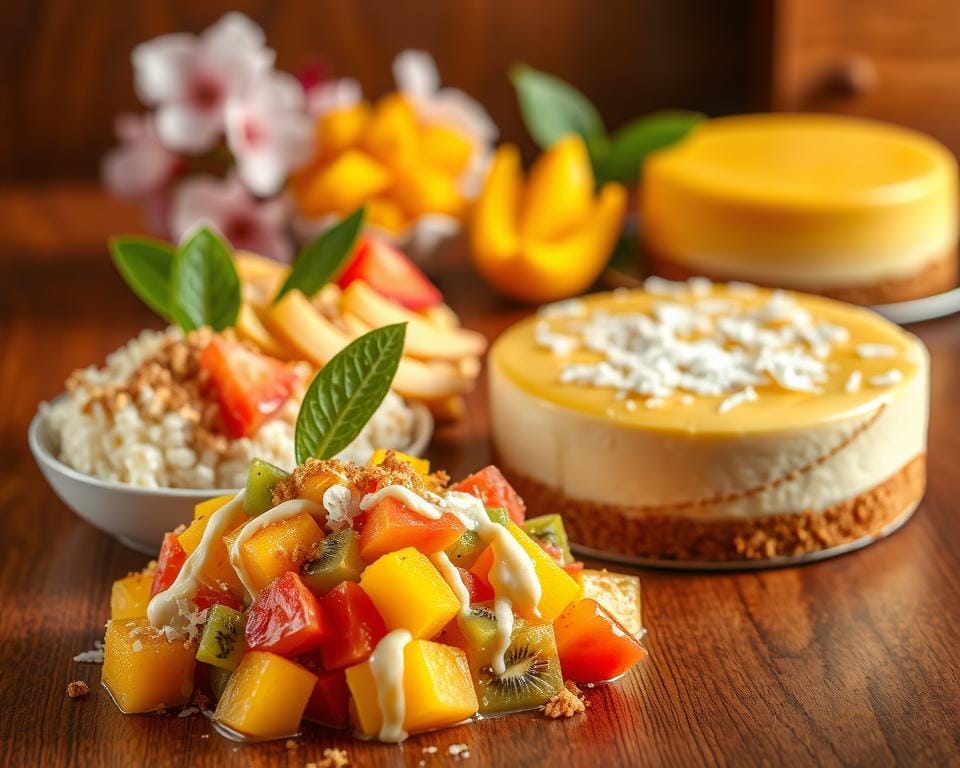 A tantalizing array of global no-bake desserts, artfully arranged on a wooden table. In the foreground, a vibrant tropical fruit salad with mango, papaya, and kiwi, drizzled with a fragrant coconut sauce. Behind it, a luscious Thai sticky rice with fresh mango, garnished with toasted coconut flakes. In the background, a rich and creamy Japanese-style cheesecake with a smooth, glossy surface, accompanied by delicate sakura blossoms. Warm, soft lighting casts a gentle glow, creating an inviting, mouthwatering scene that captures the essence of delectable, no-bake desserts from around the world. A tantalizing array of global no-bake desserts, artfully arranged on a wooden table. In the foreground, a vibrant tropical fruit salad with mango, papaya, and kiwi, drizzled with a fragrant coconut sauce. Behind it, a luscious Thai sticky rice with fresh mango, garnished with toasted coconut flakes. In the background, a rich and creamy Japanese-style cheesecake with a smooth, glossy surface, accompanied by delicate sakura blossoms. Warm, soft lighting casts a gentle glow, creating an inviting, mouthwatering scene that captures the essence of delectable, no-bake desserts from around the world.