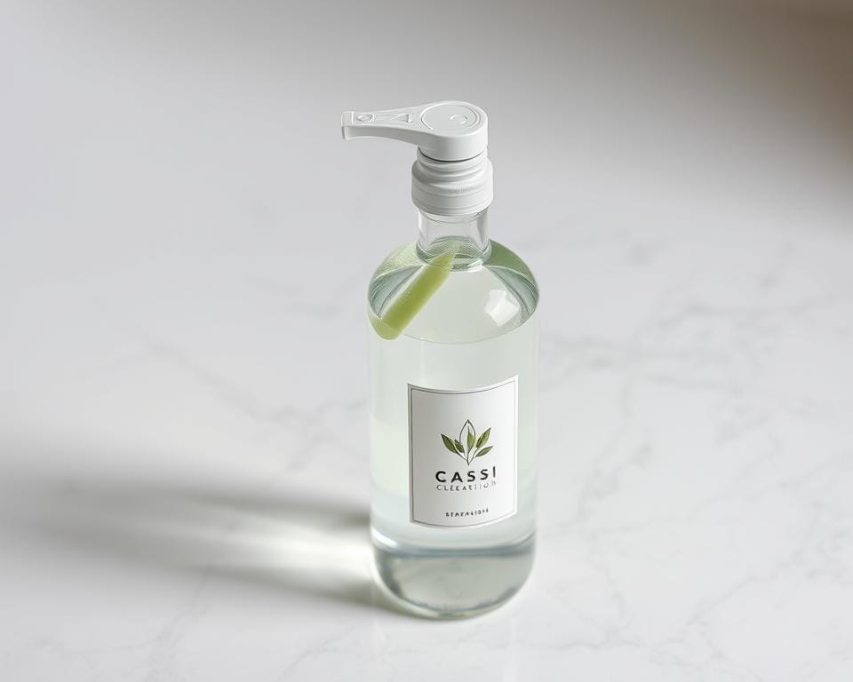 A transparent glass bottle filled with a clear, streak-free glass cleaning solution, resting on a sleek, minimalist stone or marble surface. The bottle's label features a simple, elegant design with a nature-inspired motif, hinting at the natural ingredients within. Soft, diffuse lighting illuminates the scene, highlighting the bottle's glossy, reflective surface and the purity of the cleaning liquid. The overall composition conveys a sense of cleanliness, simplicity, and high-quality craftsmanship, fitting the "Specialist Cleaners for Glass, Stone and More" section of the "Make Your Own Natural Cleaners" article. A transparent glass bottle filled with a clear, streak-free glass cleaning solution, resting on a sleek, minimalist stone or marble surface. The bottle's label features a simple, elegant design with a nature-inspired motif, hinting at the natural ingredients within. Soft, diffuse lighting illuminates the scene, highlighting the bottle's glossy, reflective surface and the purity of the cleaning liquid. The overall composition conveys a sense of cleanliness, simplicity, and high-quality craftsmanship, fitting the "Specialist Cleaners for Glass, Stone and More" section of the "Make Your Own Natural Cleaners" article.