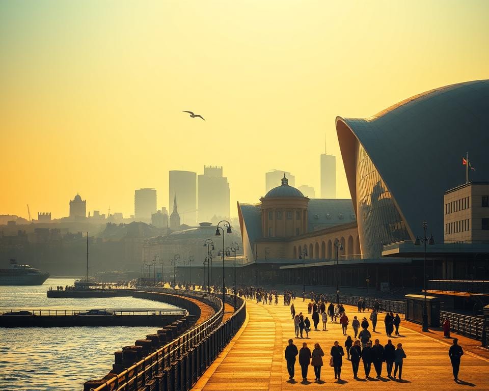 A vibrant cityscape showcasing the cultural attractions of Cardiff Bay. In the foreground, the iconic Pierhead Building and the Wales Millennium Centre stand tall, their striking architectural details illuminated by warm, golden light. In the middle ground, visitors stroll along the picturesque waterfront, taking in the scenic views of the bay. In the background, the silhouettes of historic buildings and modern skyscrapers create a dynamic skyline, reflecting the blend of heritage and modernity that defines Cardiff. The scene is bathed in a soft, hazy atmosphere, evoking a sense of tranquility and exploration. A vibrant cityscape showcasing the cultural attractions of Cardiff Bay. In the foreground, the iconic Pierhead Building and the Wales Millennium Centre stand tall, their striking architectural details illuminated by warm, golden light. In the middle ground, visitors stroll along the picturesque waterfront, taking in the scenic views of the bay. In the background, the silhouettes of historic buildings and modern skyscrapers create a dynamic skyline, reflecting the blend of heritage and modernity that defines Cardiff. The scene is bathed in a soft, hazy atmosphere, evoking a sense of tranquility and exploration.
