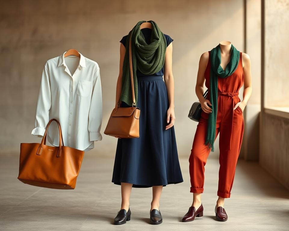 A vibrant color palette showcasing a minimalist travel wardrobe. Elegant yet comfortable outfits styled against a softly blurred background. A stylish capsule collection featuring a crisp white blouse, a navy midi skirt, and a rust-colored jumpsuit. Accessories like a tan leather tote, burgundy loafers, and a forest green scarf add depth and texture. Warm, natural lighting illuminates the scene, creating a serene, inviting atmosphere. The composition emphasizes the versatility and cohesiveness of the color scheme, inspiring effortless, chic travel style. A vibrant color palette showcasing a minimalist travel wardrobe. Elegant yet comfortable outfits styled against a softly blurred background. A stylish capsule collection featuring a crisp white blouse, a navy midi skirt, and a rust-colored jumpsuit. Accessories like a tan leather tote, burgundy loafers, and a forest green scarf add depth and texture. Warm, natural lighting illuminates the scene, creating a serene, inviting atmosphere. The composition emphasizes the versatility and cohesiveness of the color scheme, inspiring effortless, chic travel style.