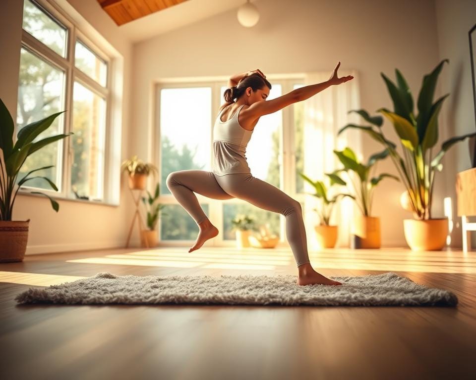 A vibrant, energizing morning workout scene. In the foreground, a fit person performs dynamic yoga poses on a plush yoga mat, their limbs gracefully extended. The middle ground features an airy, sun-dappled room with large windows, allowing natural light to flood the space. In the background, lush houseplants and a minimalist, modern decor create a serene, rejuvenating atmosphere. The lighting is soft and warm, evoking a sense of calm focus. The overall mood is one of mindfulness, balance, and a renewed sense of vitality to start the day. A vibrant, energizing morning workout scene. In the foreground, a fit person performs dynamic yoga poses on a plush yoga mat, their limbs gracefully extended. The middle ground features an airy, sun-dappled room with large windows, allowing natural light to flood the space. In the background, lush houseplants and a minimalist, modern decor create a serene, rejuvenating atmosphere. The lighting is soft and warm, evoking a sense of calm focus. The overall mood is one of mindfulness, balance, and a renewed sense of vitality to start the day.