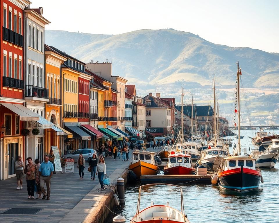 A vibrant high street flanked by charming two-story buildings, their facades adorned with colorful awnings and quaint shop signs. In the foreground, a bustling harbor scene with fishing boats bobbing in the calm waters, their hulls reflecting the warm glow of the afternoon sun. People stroll along the docks, taking in the salty air and the lively atmosphere. In the background, rolling green hills and a bright, cloudless sky create a picturesque coastal landscape. The entire scene is bathed in a warm, golden light, lending a sense of timeless tranquility to the vibrant, bustling town.