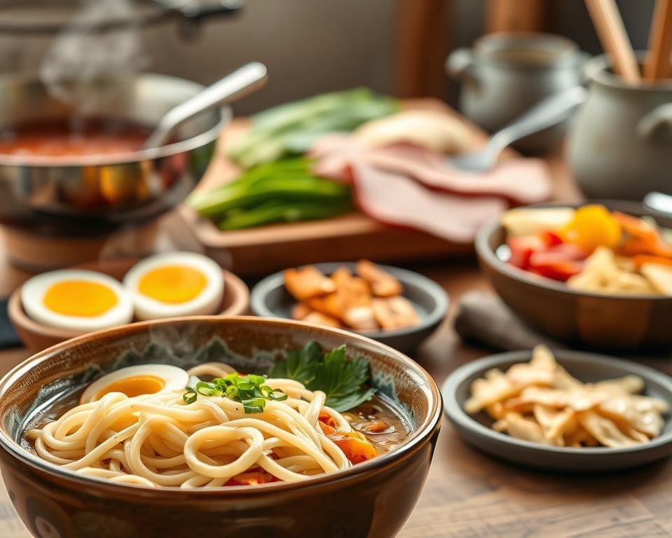 A visually appealing step-by-step tutorial for preparing delicious homemade ramen. In the foreground, freshly cooked ramen noodles are artfully arranged in a ceramic bowl, steam rising gently. In the middle ground, various ramen toppings are displayed, such as soft-boiled eggs, slices of pork belly, scallions, and seasoned bamboo shoots. The background showcases the ramen cooking process, with a simmering broth, a wooden cutting board with chopped ingredients, and cooking utensils. The lighting is warm and natural, highlighting the rich colors and textures of the ramen components. The overall composition conveys a sense of mouthwatering anticipation and the satisfaction of homemade culinary creation. A visually appealing step-by-step tutorial for preparing delicious homemade ramen. In the foreground, freshly cooked ramen noodles are artfully arranged in a ceramic bowl, steam rising gently. In the middle ground, various ramen toppings are displayed, such as soft-boiled eggs, slices of pork belly, scallions, and seasoned bamboo shoots. The background showcases the ramen cooking process, with a simmering broth, a wooden cutting board with chopped ingredients, and cooking utensils. The lighting is warm and natural, highlighting the rich colors and textures of the ramen components. The overall composition conveys a sense of mouthwatering anticipation and the satisfaction of homemade culinary creation.