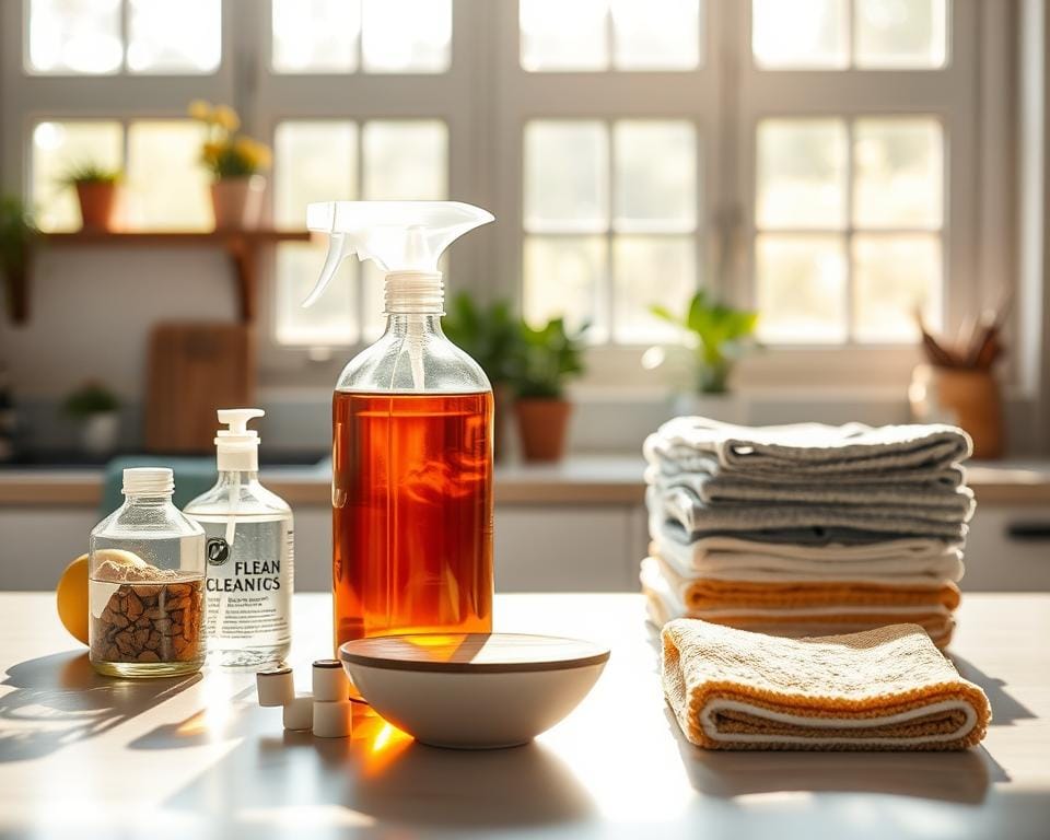 A well-lit kitchen countertop with an assortment of eco-friendly cleaning ingredients arranged in the foreground. In the middle ground, glass spray bottles filled with natural cleaning solutions stand alongside stacks of reusable cloths and sponges. The background features sunlight streaming in through a large window, illuminating the scene with a warm, natural glow. The overall mood is one of simplicity, sustainability, and a commitment to a clean, healthy home environment. A well-lit kitchen countertop with an assortment of eco-friendly cleaning ingredients arranged in the foreground. In the middle ground, glass spray bottles filled with natural cleaning solutions stand alongside stacks of reusable cloths and sponges. The background features sunlight streaming in through a large window, illuminating the scene with a warm, natural glow. The overall mood is one of simplicity, sustainability, and a commitment to a clean, healthy home environment.