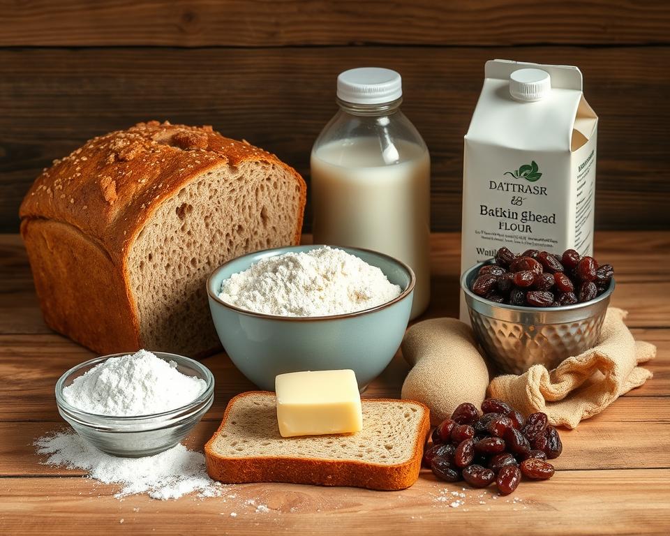 A well-lit still life arrangement showcasing the essential ingredients for traditional Irish soda bread: a fresh loaf of hearty brown bread, a bowl of coarse whole wheat flour, a pat of creamy butter, a pinch of baking soda, a carton of buttermilk, and a handful of plump raisins or currants. The ingredients are arranged in a natural, organic composition on a rustic wooden surface, with soft, directional lighting highlighting the textures and colors. The mood is cozy, comforting, and homemade, conveying the simple yet essential elements needed to bake an authentic loaf of Irish soda bread. A well-lit still life arrangement showcasing the essential ingredients for traditional Irish soda bread: a fresh loaf of hearty brown bread, a bowl of coarse whole wheat flour, a pat of creamy butter, a pinch of baking soda, a carton of buttermilk, and a handful of plump raisins or currants. The ingredients are arranged in a natural, organic composition on a rustic wooden surface, with soft, directional lighting highlighting the textures and colors. The mood is cozy, comforting, and homemade, conveying the simple yet essential elements needed to bake an authentic loaf of Irish soda bread.