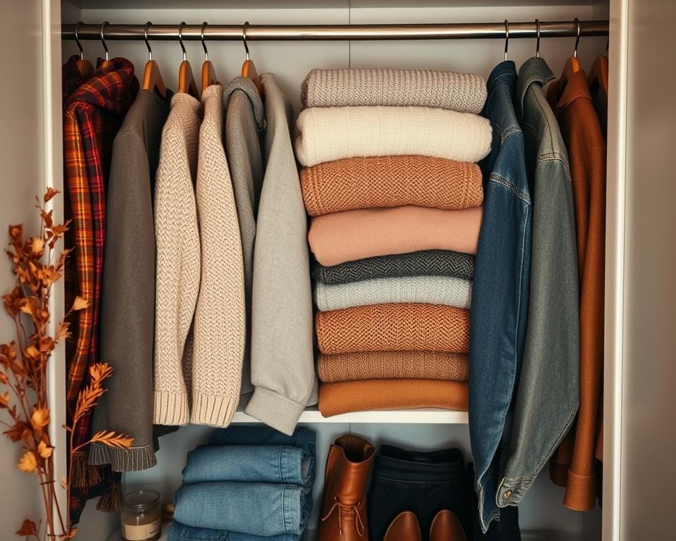 A well-organized wardrobe filled with autumn essentials, bathed in warm lighting and captured from an overhead angle. Neatly folded sweaters, jeans, and jackets arranged in a visually appealing manner, complemented by a few decorative elements like dried flowers or a scented candle. The scene exudes a sense of tranquility and efficiency, inspiring a stress-free morning routine. The composition highlights the benefits of a decluttered, thoughtfully curated wardrobe, ready to make getting dressed a breeze. A well-organized wardrobe filled with autumn essentials, bathed in warm lighting and captured from an overhead angle. Neatly folded sweaters, jeans, and jackets arranged in a visually appealing manner, complemented by a few decorative elements like dried flowers or a scented candle. The scene exudes a sense of tranquility and efficiency, inspiring a stress-free morning routine. The composition highlights the benefits of a decluttered, thoughtfully curated wardrobe, ready to make getting dressed a breeze.