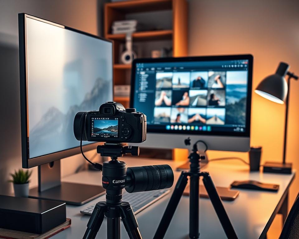 A well-organized workspace with a sleek desktop computer, an ultramodern monitor, and a clutter-free surface. Nearby, a high-quality DSLR camera rests on a professional tripod, its lens pointed towards the screen, capturing the display of a state-of-the-art photo management application. Soft, warm lighting illuminates the scene, creating a serene and productive atmosphere. In the background, a minimalist bookshelf houses various photography-related tomes, subtly hinting at the user's passion for the craft. The overall composition exudes a sense of efficiency, organization, and a dedicated approach to managing and preserving cherished travel memories. A well-organized workspace with a sleek desktop computer, an ultramodern monitor, and a clutter-free surface. Nearby, a high-quality DSLR camera rests on a professional tripod, its lens pointed towards the screen, capturing the display of a state-of-the-art photo management application. Soft, warm lighting illuminates the scene, creating a serene and productive atmosphere. In the background, a minimalist bookshelf houses various photography-related tomes, subtly hinting at the user's passion for the craft. The overall composition exudes a sense of efficiency, organization, and a dedicated approach to managing and preserving cherished travel memories.