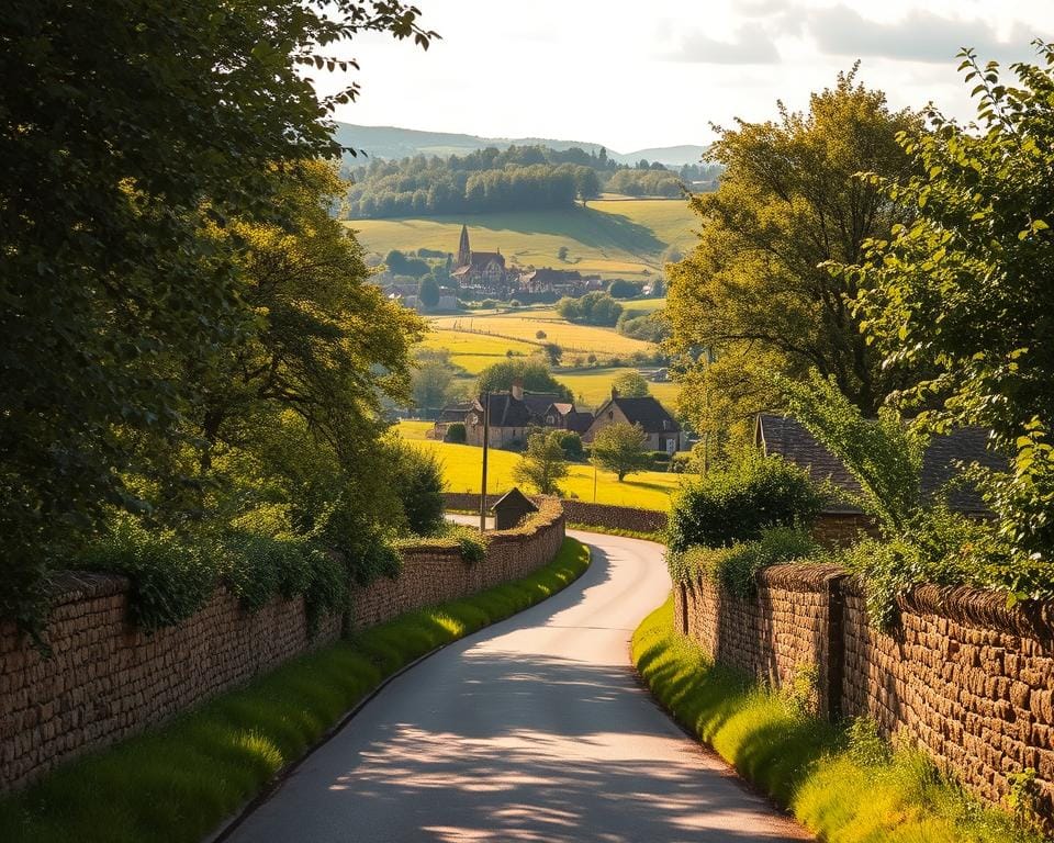 A winding country lane cutting through the verdant hills of the Cotswolds, with ancient stone walls and hedgerows flanking the route. Dappled sunlight filters through the dense tree canopy, casting a warm, golden glow over the scene. In the distance, a picturesque village nestled in a valley comes into view, its honey-colored cottages and church spire peeking out from behind rolling meadows. The camera angle is slightly elevated, providing a panoramic perspective that captures the serene and secluded beauty of this hidden gem of a route, untouched by the crowds that flock to the region's more popular destinations. A winding country lane cutting through the verdant hills of the Cotswolds, with ancient stone walls and hedgerows flanking the route. Dappled sunlight filters through the dense tree canopy, casting a warm, golden glow over the scene. In the distance, a picturesque village nestled in a valley comes into view, its honey-colored cottages and church spire peeking out from behind rolling meadows. The camera angle is slightly elevated, providing a panoramic perspective that captures the serene and secluded beauty of this hidden gem of a route, untouched by the crowds that flock to the region's more popular destinations.